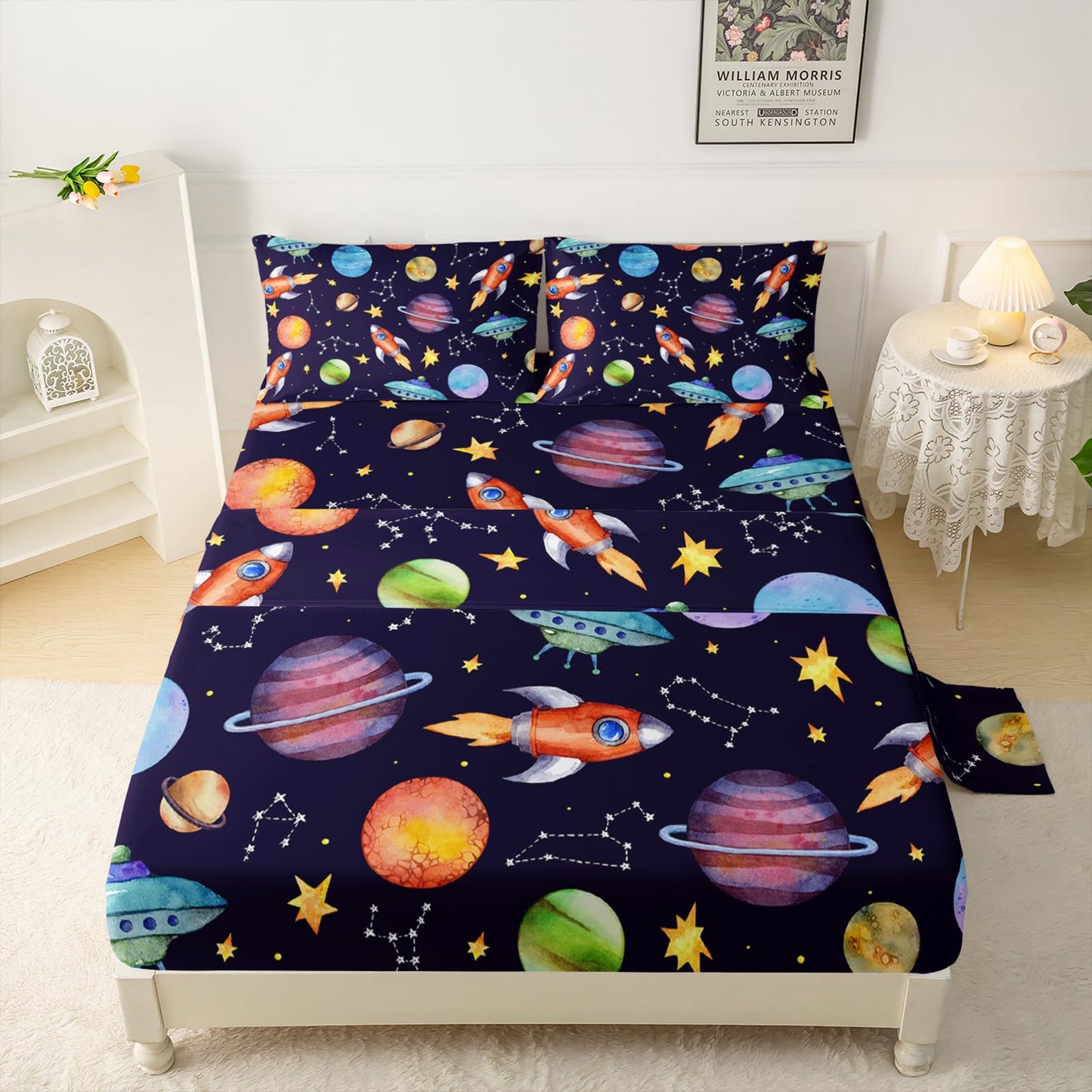 QOOMO Stars Rocket Kids Sheets Set, Cartoon Planet Twin Sheets Sets for Boys Kids Children,4 Piece Outer Space Printed Microfiber Bed Sheets Deep Pocket,1 Fitted Sheet, 1 Flat Sheet, 2 Pillow Cases