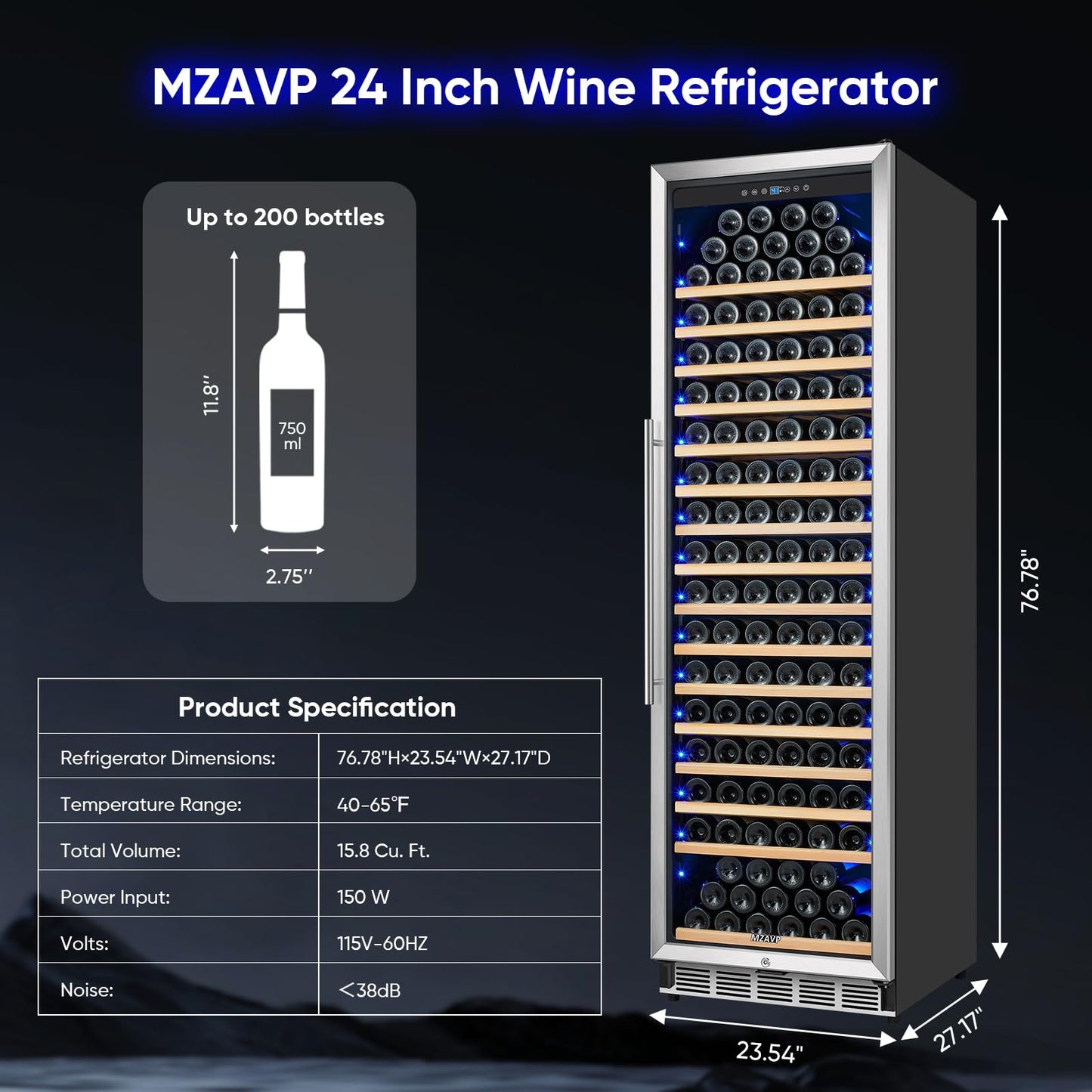 MZAVP Large Wine Cooler Refrigerator 24 Inch, Upgraded 200 Bottle Wine Fridge with Professional Temperature Control, Built-in or Freestanding Tall Wine Cellar, Low Noise and Sliding Rail Shelves