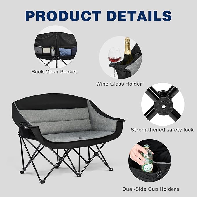 apollo walker Oversized Double Camping Chair for 2 Person - Extra Wide & Heavy Duty 600lbs Camp Couch with Dual Cup Holder & Carry Bag, Camping Loveseat for Outdoor, Lawn, Beach, Park