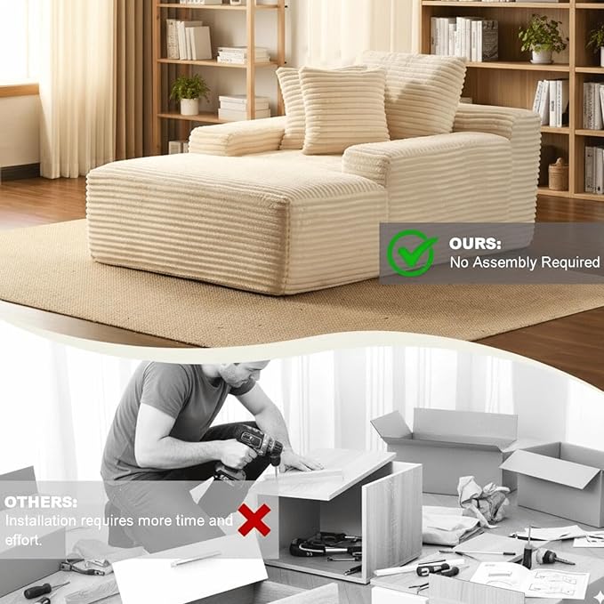 Alpen 66" Oversized Chaise Lounge, Boneless Couch Indoor, Corduroy Couch Boneless Sofa Chair for Reading with Wide Armrest and 3 Throw Pillows, No Assembly Required, Milky White