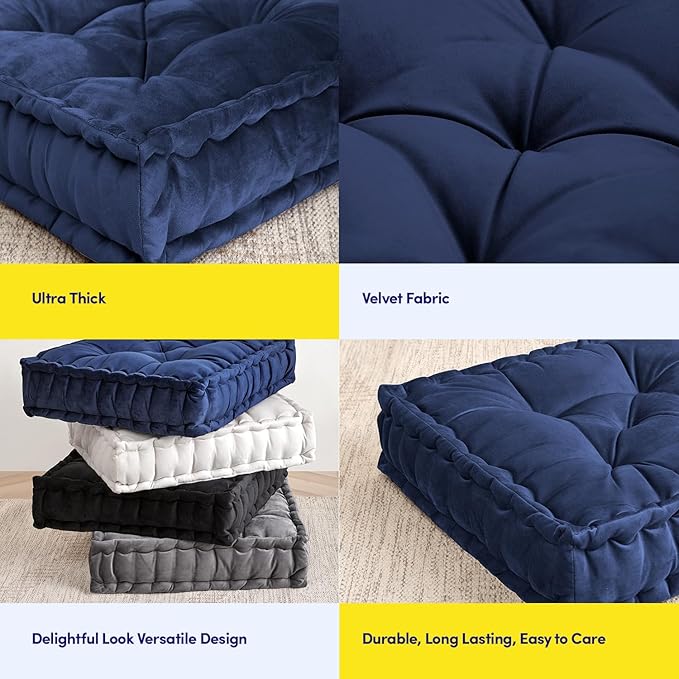 Sweet Home Collection Floor Pillow Large Square Tufted Decorative Cushion. Faux Velvet Fabric Ultra Thick Fill for Kids and Adults, 2 Pack, Navy.