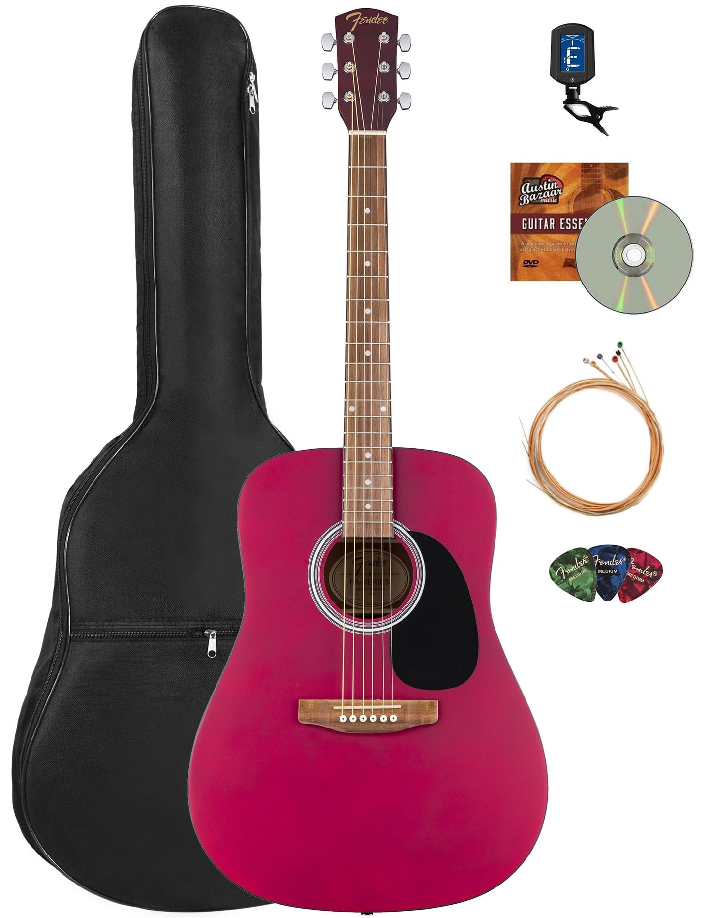 Fender FA Series Dreadnought Acoustic Guitar - Crimson Red Bundle with Gig Bag, Tuner, Strings, Picks, and Austin Bazaar Instruc
