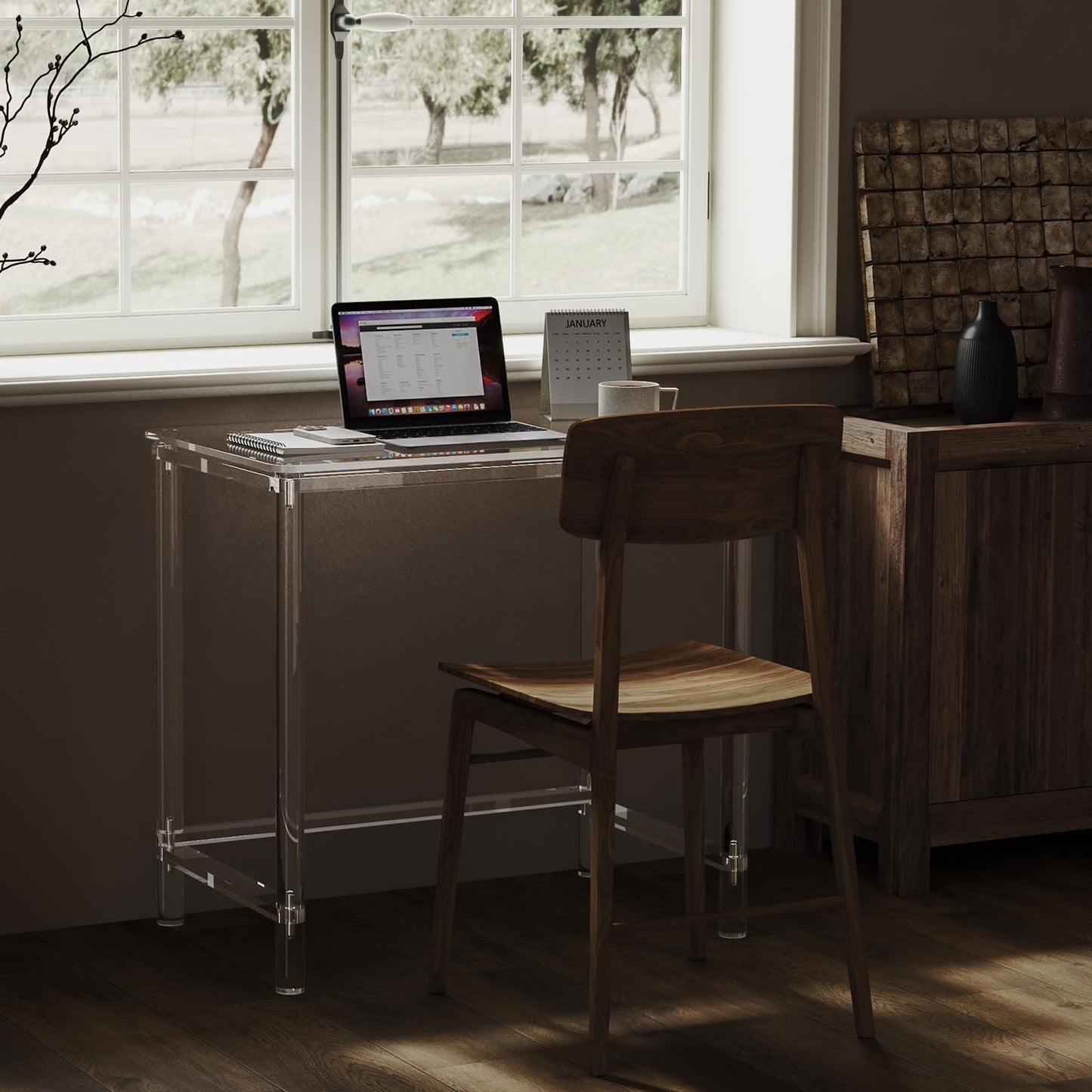 HMYHUM Acrylic Computer Desk, 32 Inch Clear Office Desk for Small Spaces, Study, Writing, Vanity Table with Cylindrical Legs, Modern, Easy Assembly