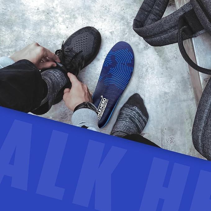 WALKHERO Medium Arch Support Insoles - Cushioning Orthotic Insoles, Plantar Fasciitis Inserts for Men & Women to Relieve Foot Pain and Provide Shock Absorption (Blue) Mens 11-11 1/2