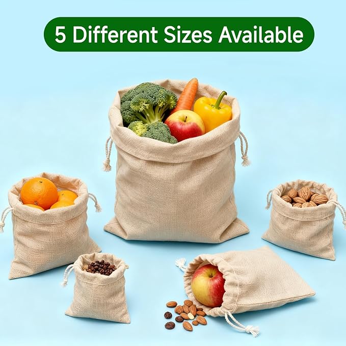 Simple&Opulence 12-Pack 8” x 10” Linen Cotton Drawstring Bags Reusable Grocery Sacks, DIY Craft Sachet Sacks Storage Cloth Bags for Party Wedding Home Bulk Produce Bags, Washable, Natual Linen