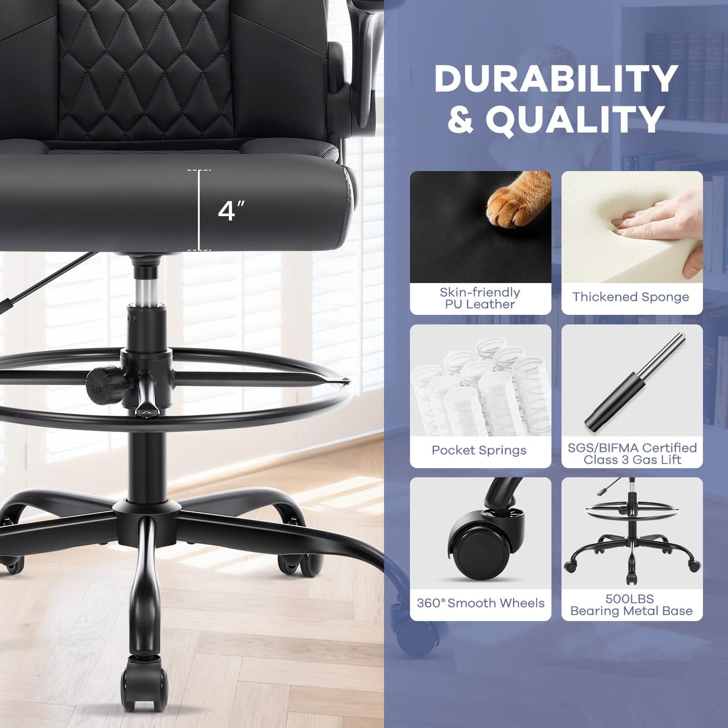 Morkprism Leather Drafting Chair, Tall Office Chair for Standing Desk, High Executive Office Chair with Inflatable Lumbar Support,Adjustable Height,Flip-up Armres and Foot Ring Studio Chair Black
