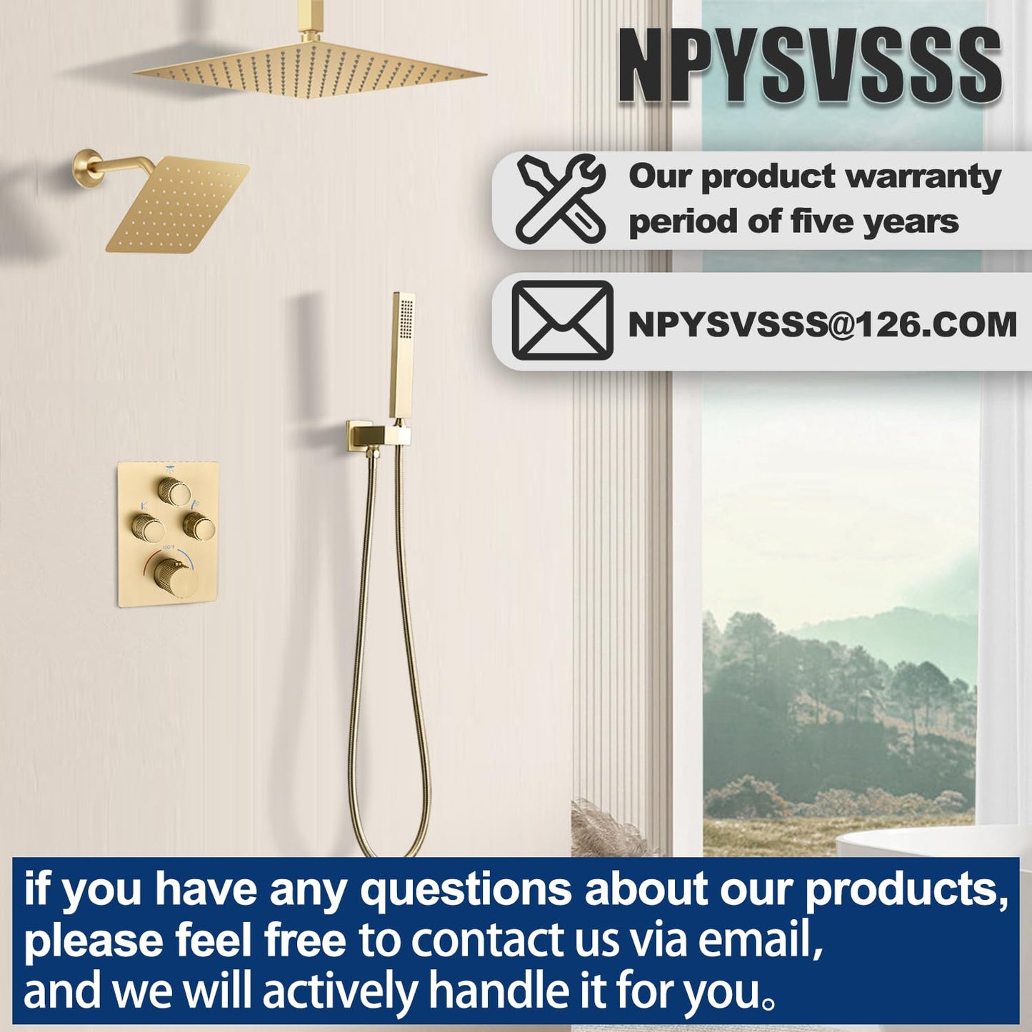 NPYSVSSS Dual Shower Heads Shower System with 16" Ceiling Mounted Rain Shower Head & 6" Wall Mounted Head Full Body Shower System 3 Way Thermostatic Shower Valve Can All Run Together, Matte Black
