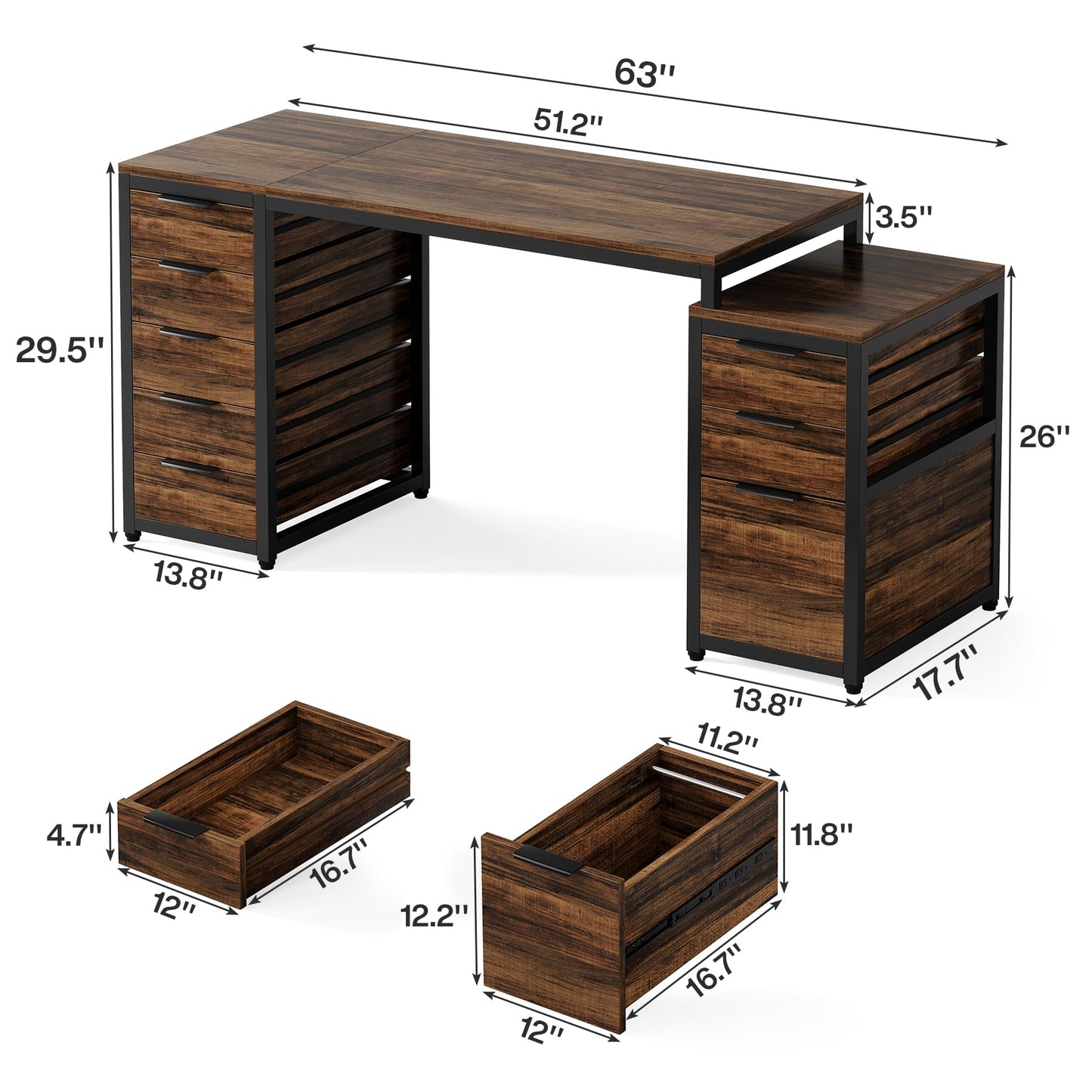 Tribesigns Computer Desk with 8 Drawers, 63" Office Desk with Reversible File Cabinet and Storage Drawers, Industrial PC Desk Study Writing Table Workstation for Home Office, Rustic Brown
