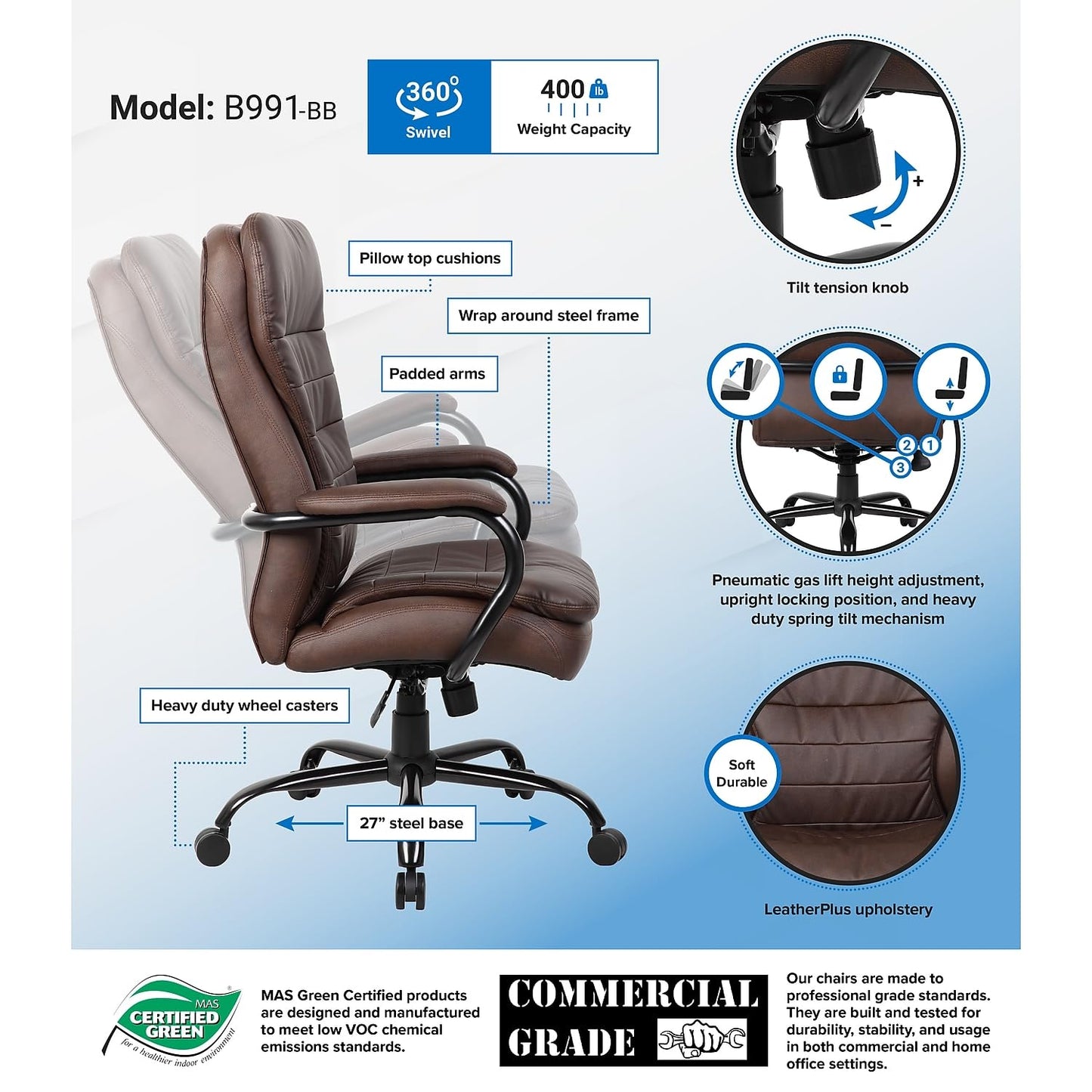 Boss Office Products Heavy Duty Double Plush LeatherPlus Chair with 350lbs Weight Capacity in Bomber Brown (B991-BB)