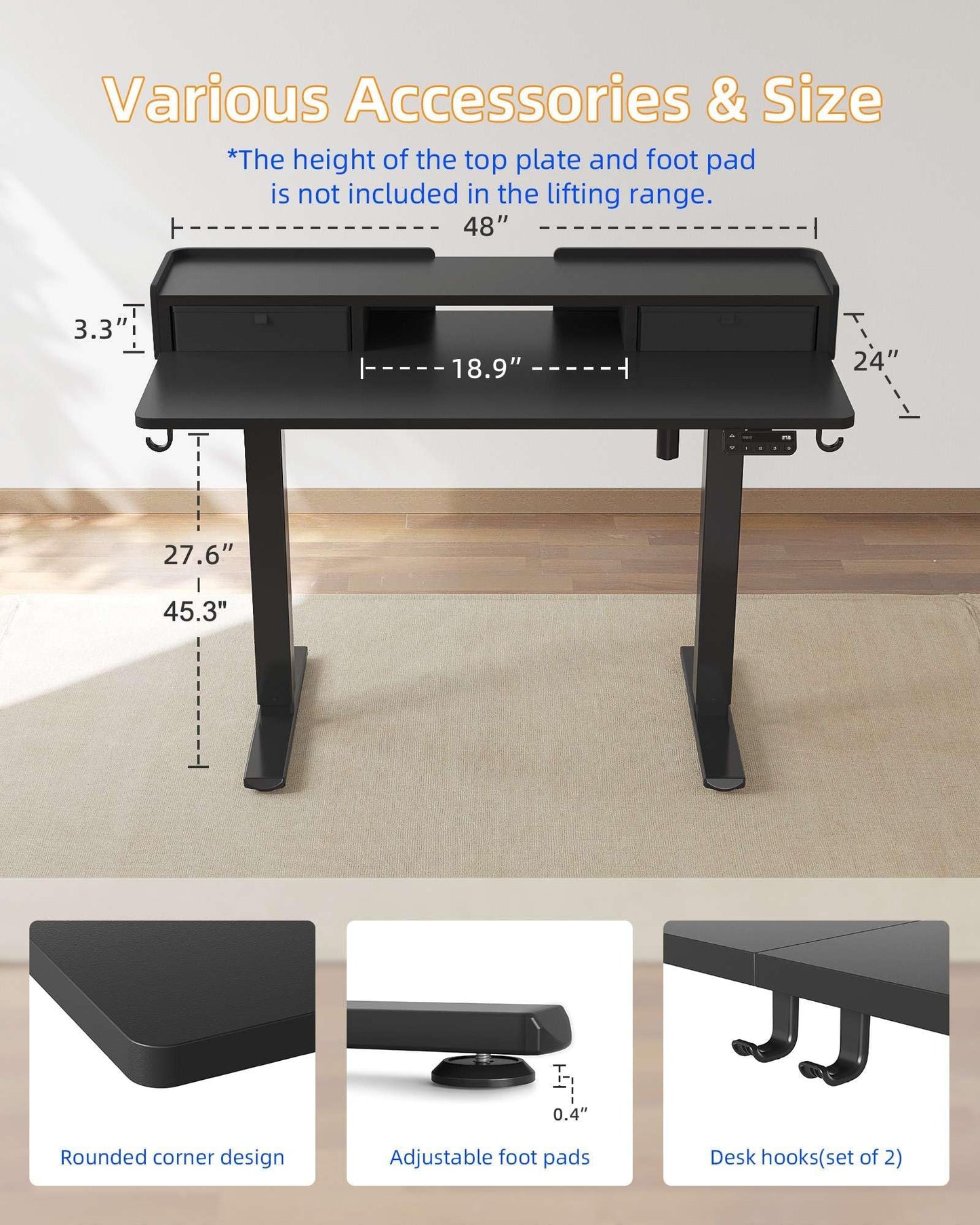 YIHAYO Electric Standing Desk with Drawers, 48 x 24 Inches Adjustable Desk with Storage Shelf, Stand Up Desk with Splice Board, Computer Table for Home Office, Black Frame/Black Top