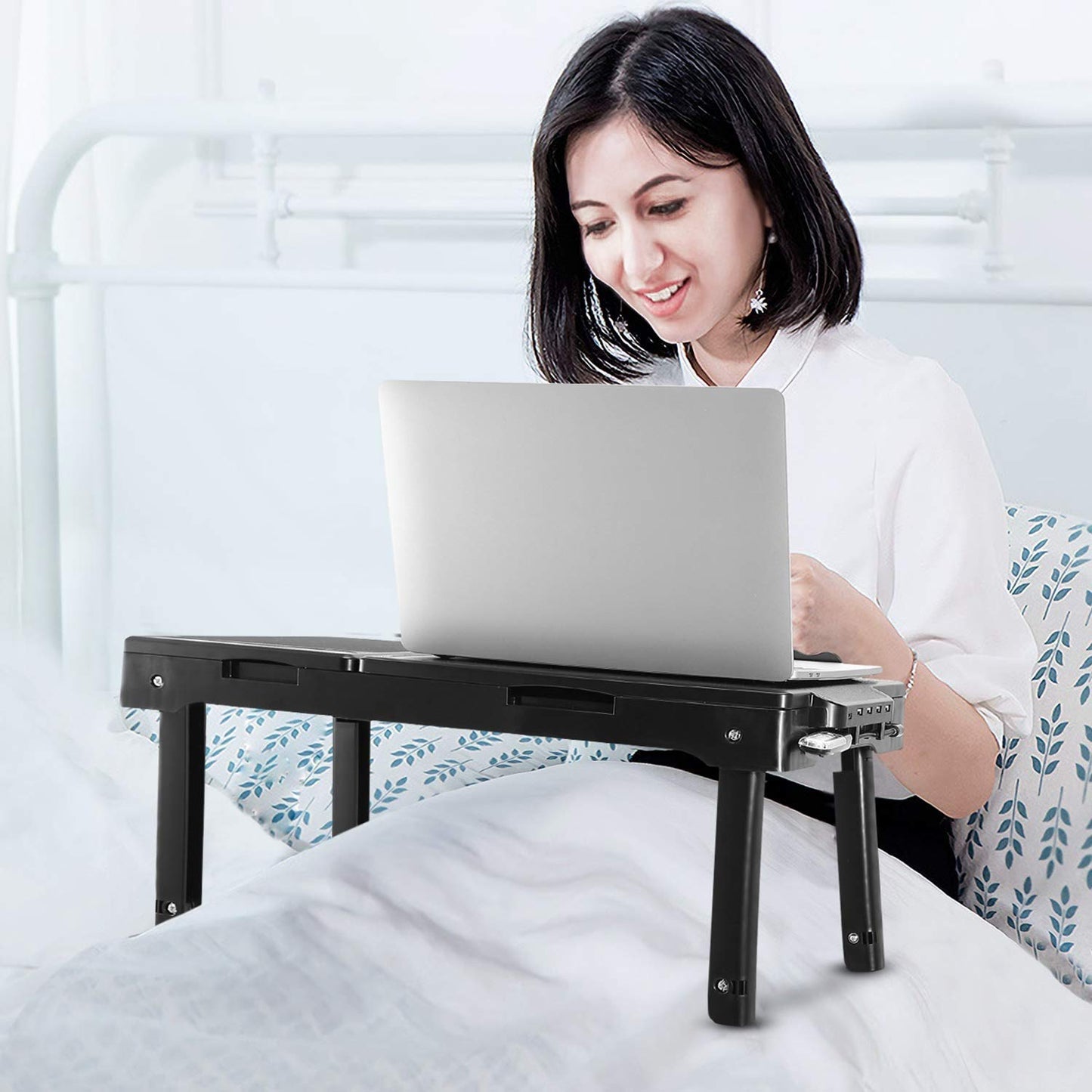 Moclever Laptop Bed Stand β Adjustable Laptop Table with Cooling Fan, Foldable Laptop Desk with USB Hub, LED Light & Storage β Multi-Functional Computer Tray for Bed, Sofa, Home, and Office