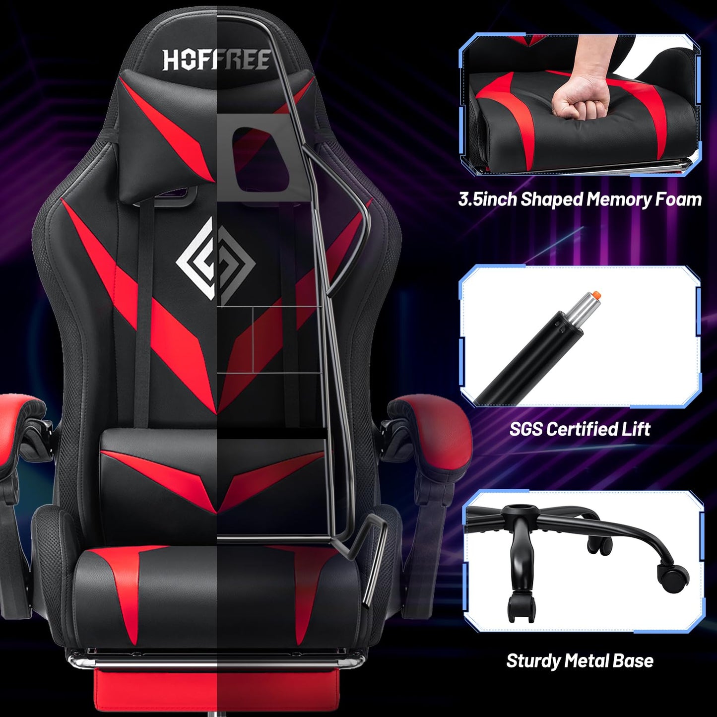 HOFFREE RGB Gaming Chair with Speakers and Massage Ergonomic Computer Chair with Lights and Footrest Reclining Video Game Chairs for Adults Red and Black