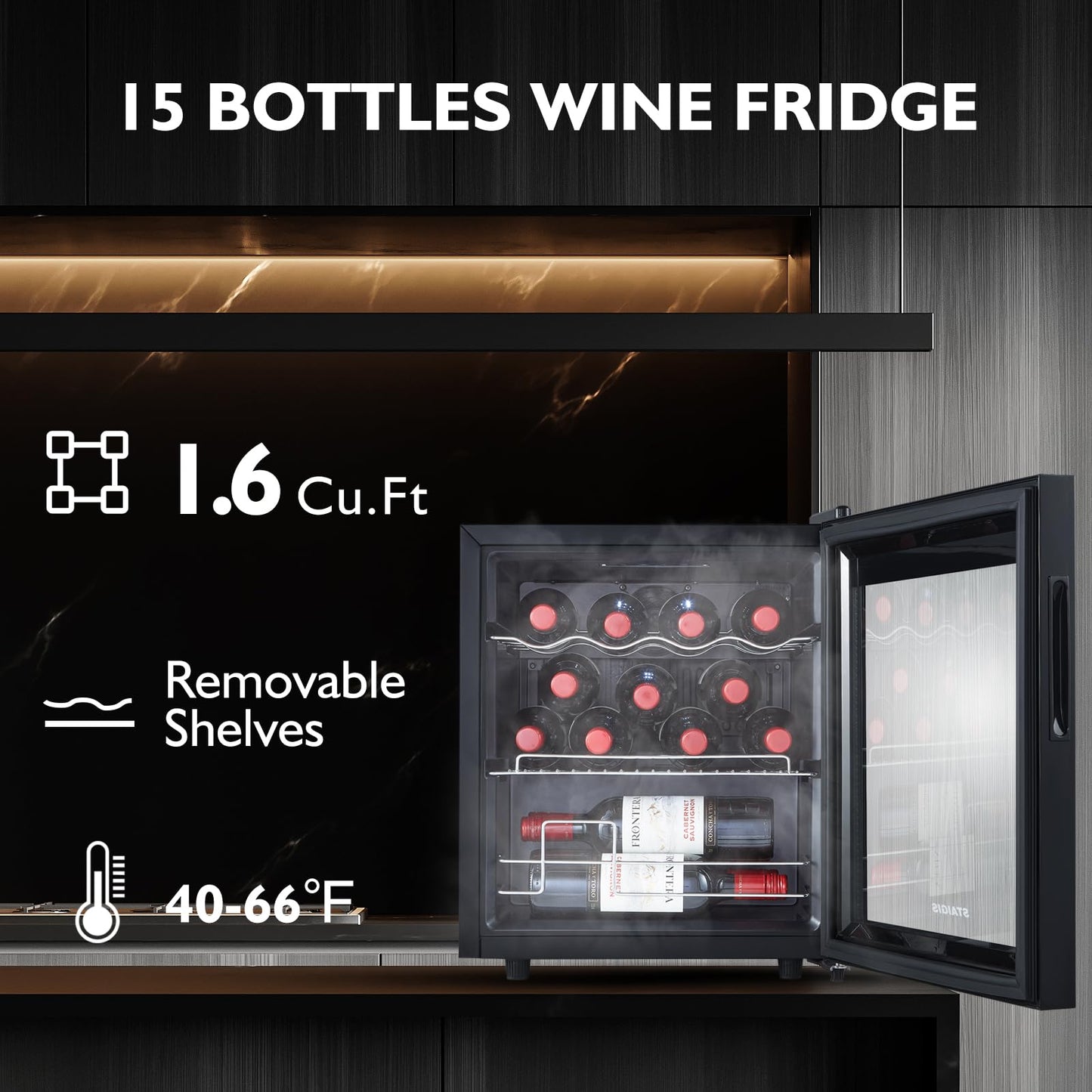 STAIGIS Mini Wine Fridge Freestanding, Wine Cooler Refrigerator 15 Bottle w/Digital Control, Countertop Mini Fridge for Red & White, Glass Door
