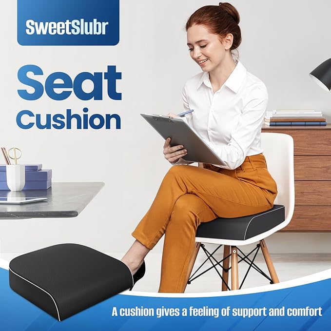 SweetSlubr Seat Cushion for Tailbone Pain Relief, Office Chair Cushion, Memory Foam Large Chair Cushion with Non-Slip Cover for Soft Support at Office Chair, Car Seat, Airplane Black/Large