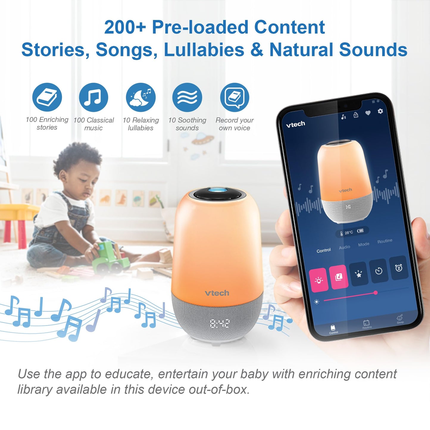 VTech BC8313 V-Hush Soothing Sleep Trainer with 200+ Stories, Lullabies, Sounds & Expert Sleep Program - Rechargeable Portable Bluetooth Speaker, Multi-Color Night Light, Glow-on-Ceiling Projector