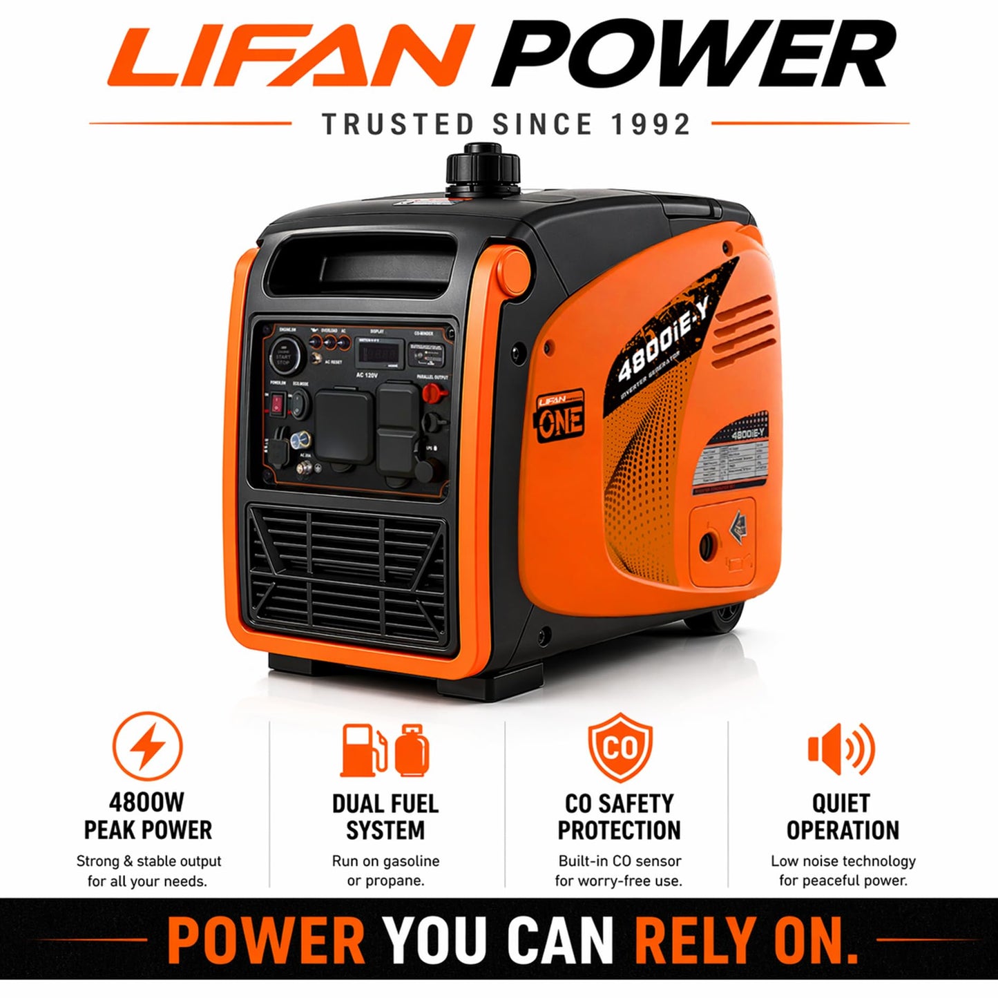 LIFAN 4800W Dual Fuel Portable Inverter Generator - Quiet 64dB, Remote Key Fob Start, Propane & Gas, 30A TT-30R RV Ready, CO-MINDER, Pure Sine Wave, Parallel Ready, EPA, Home Backup Camping