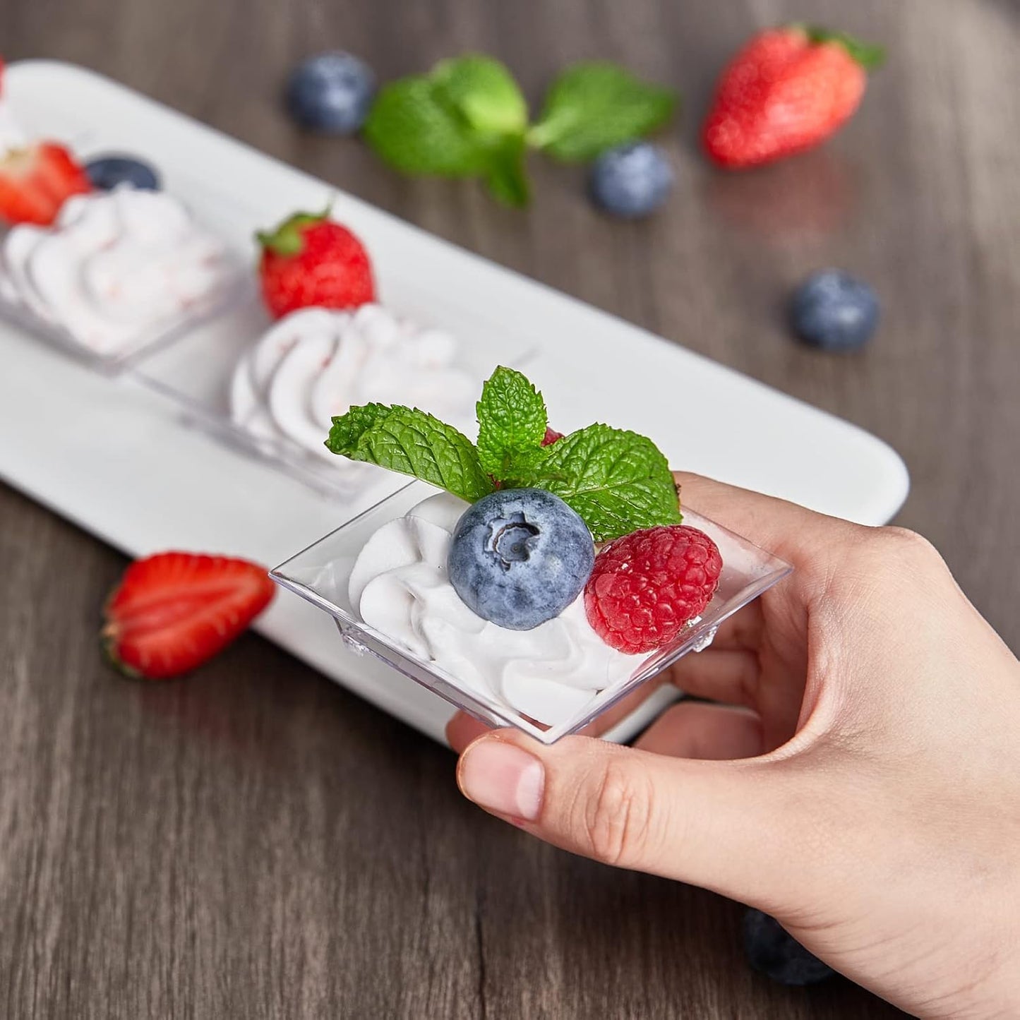 Qeirudu 100 Pack 1 oz Small Dessert Plates for Appetizers - Mini Plastic Plates with Spoons Reusable Square Appetizer Bowls Tiny Individual Serving Trays