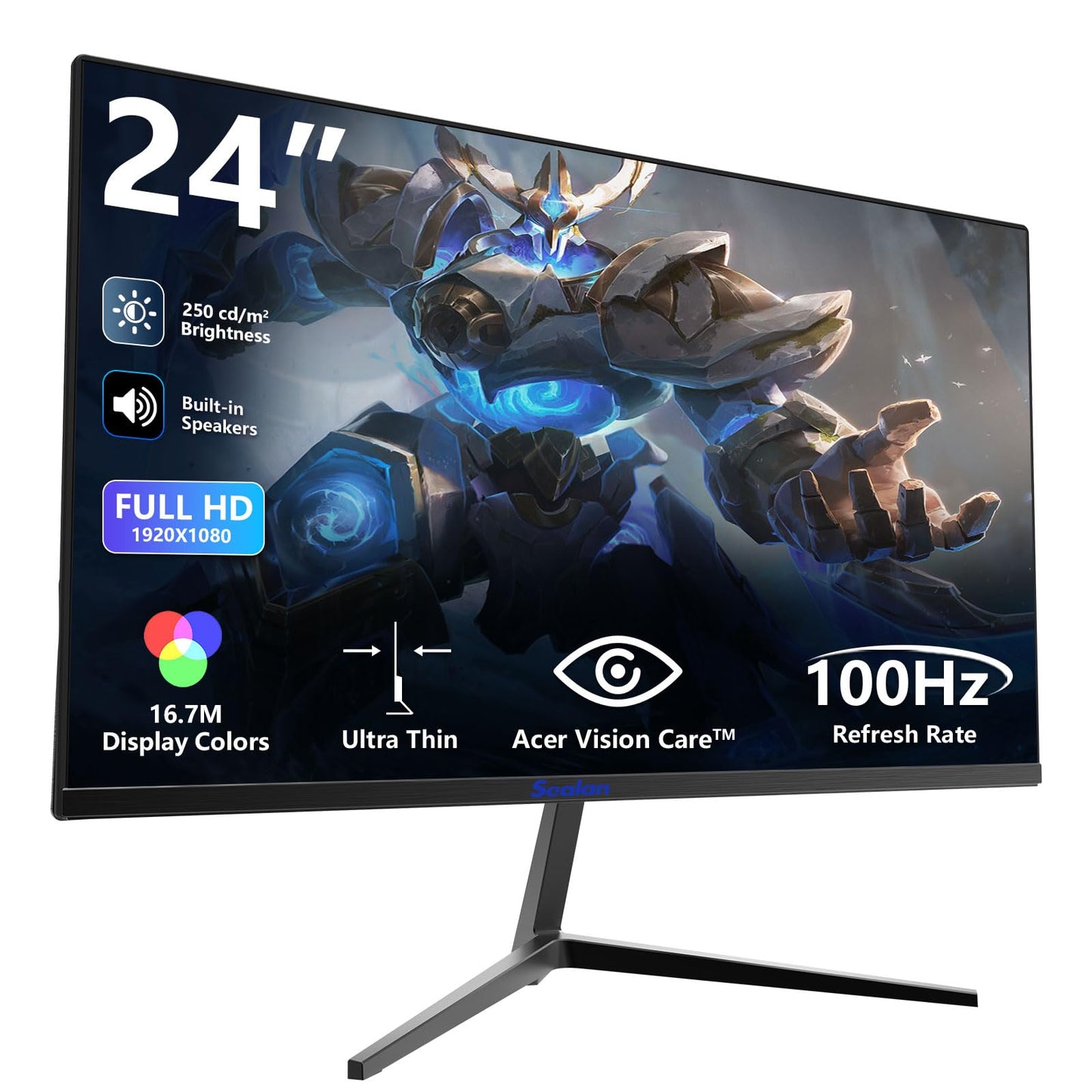 Sealan 24 inch Computer Gaming Monitor Built-in Speakers 100Hz Refresh Rate 16:9 Aspect Ratio Ergonomic Tilt & VESA Compatible -