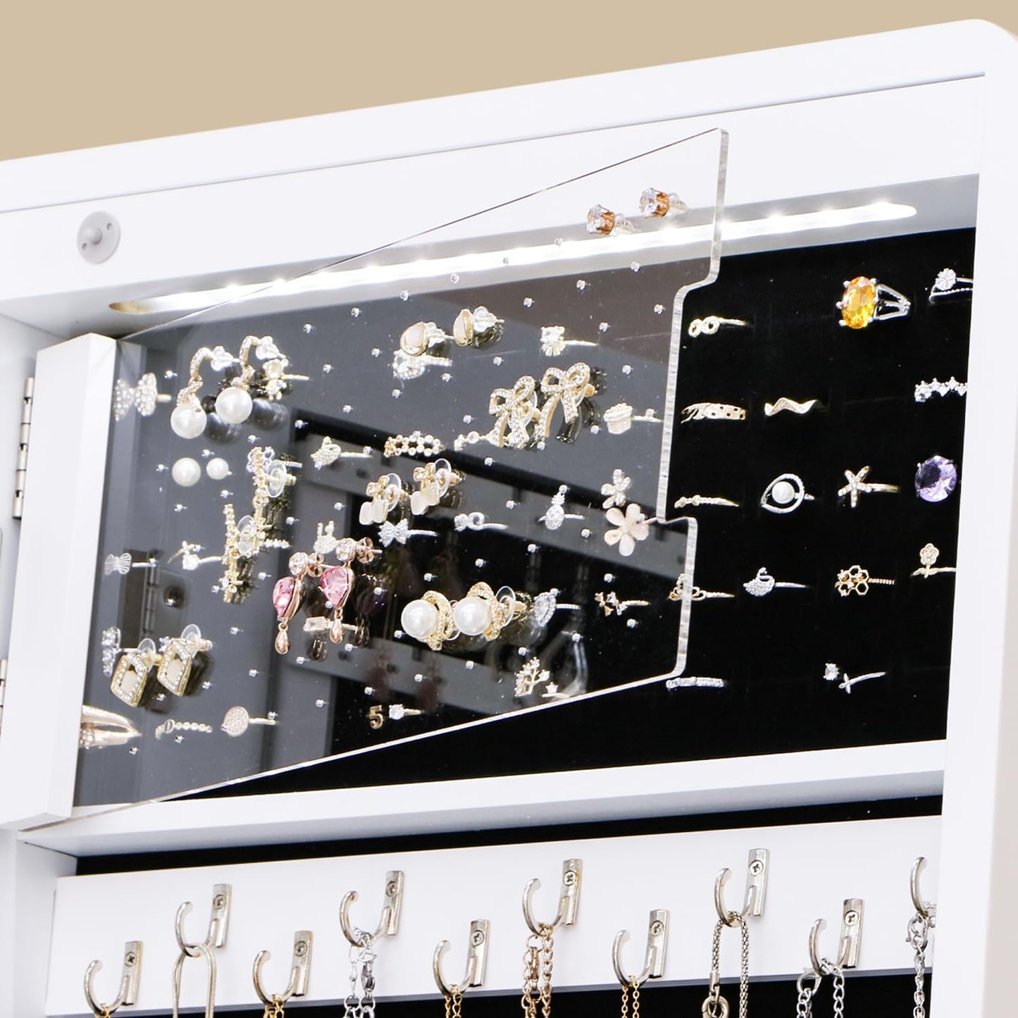 MASMIRE Mirror Jewelry Cabinet Standing, Full Length Mirror Jewelry Armoire Jewelry Organizer Lockable Jewelry Storage for Women Girl Full-Length Frameless LED Lights 6 Drawers Lockable White