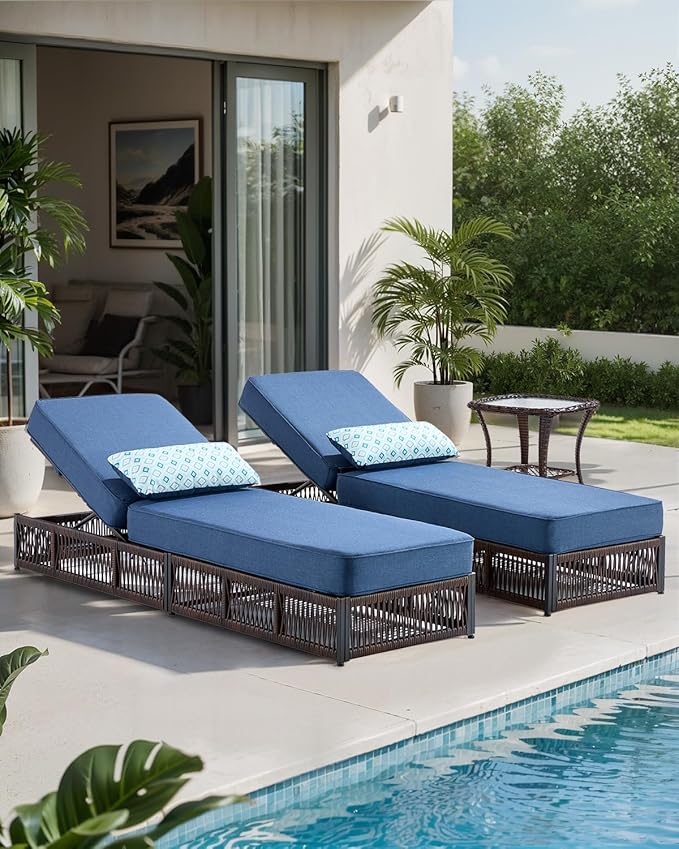 ACTREST Luxury Outdoor Chaise Lounges with 5 Inch Thickened Cushions - Set of 2 High Back Brown Wicker Patio Recliners Rattan Reclining Chairs Porch Poolside Pool Sunbathing Lounger - Navy Blue