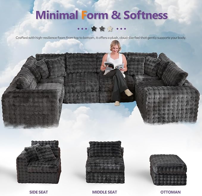 TYBOATLE 135’’ Boneless Slow-Rebound Memory Foam Couch, Cloud Sectional Couches for Living Room w/Upgraded Fabric, Deep Seat Comfy Fluffy U Shaped Modular Sectional Sofa w/Chaise (Grey, 6U)