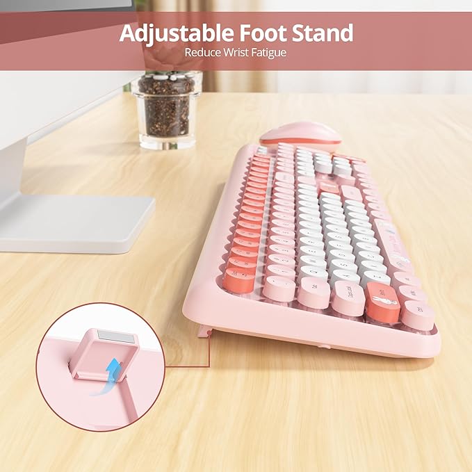 Owpkeenthy Cute Keyboard and Mouse Wireless, Colorful Keyboard Retro Typewriter Style Full-Sized with Number Pad Round Keys for Desktop, Laptop and Computerr (Bunny Pink)