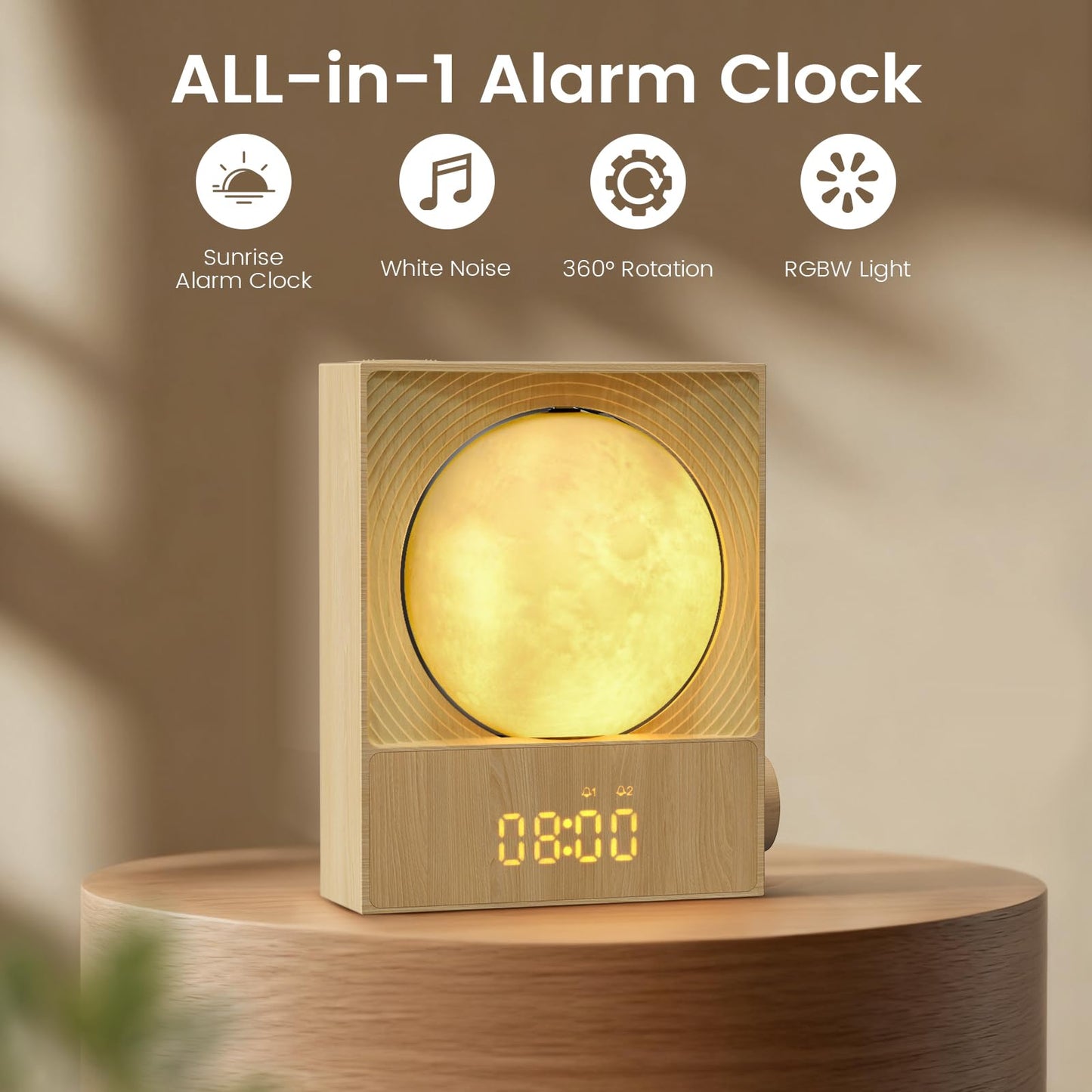Epochleno Sunrise Alarm Clock, 360-Degree Rotating Moonlight & 10 White Noise Sounds, Dual Alarm & Snooze for Heavy Sleeper, Timer, Wooden Bedroom Light Gift - Wood