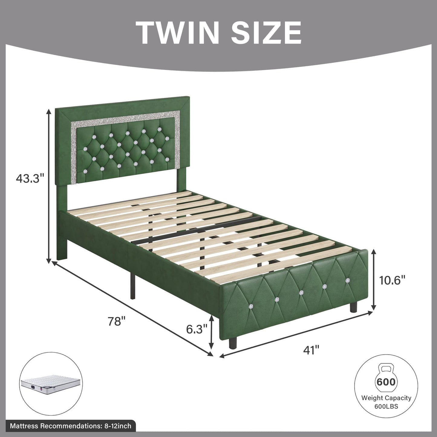 Twin Bed Frames with Headboard, Faux Leather Upholstered Bed with Diamond Tufted Design, Modern Platform Bed with Wooden Slats Support, No Box Spring Required, Easy Assembly, Green