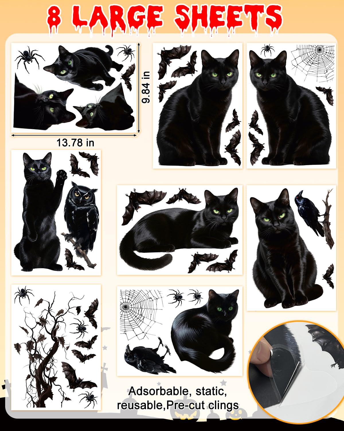 ALKB Halloween Window Clings Stickers - Halloween Window Decorations with Scary Spider Web Black Bat & Cat, Reuseable Double Sided Halloweens Static Clings for Home Decals