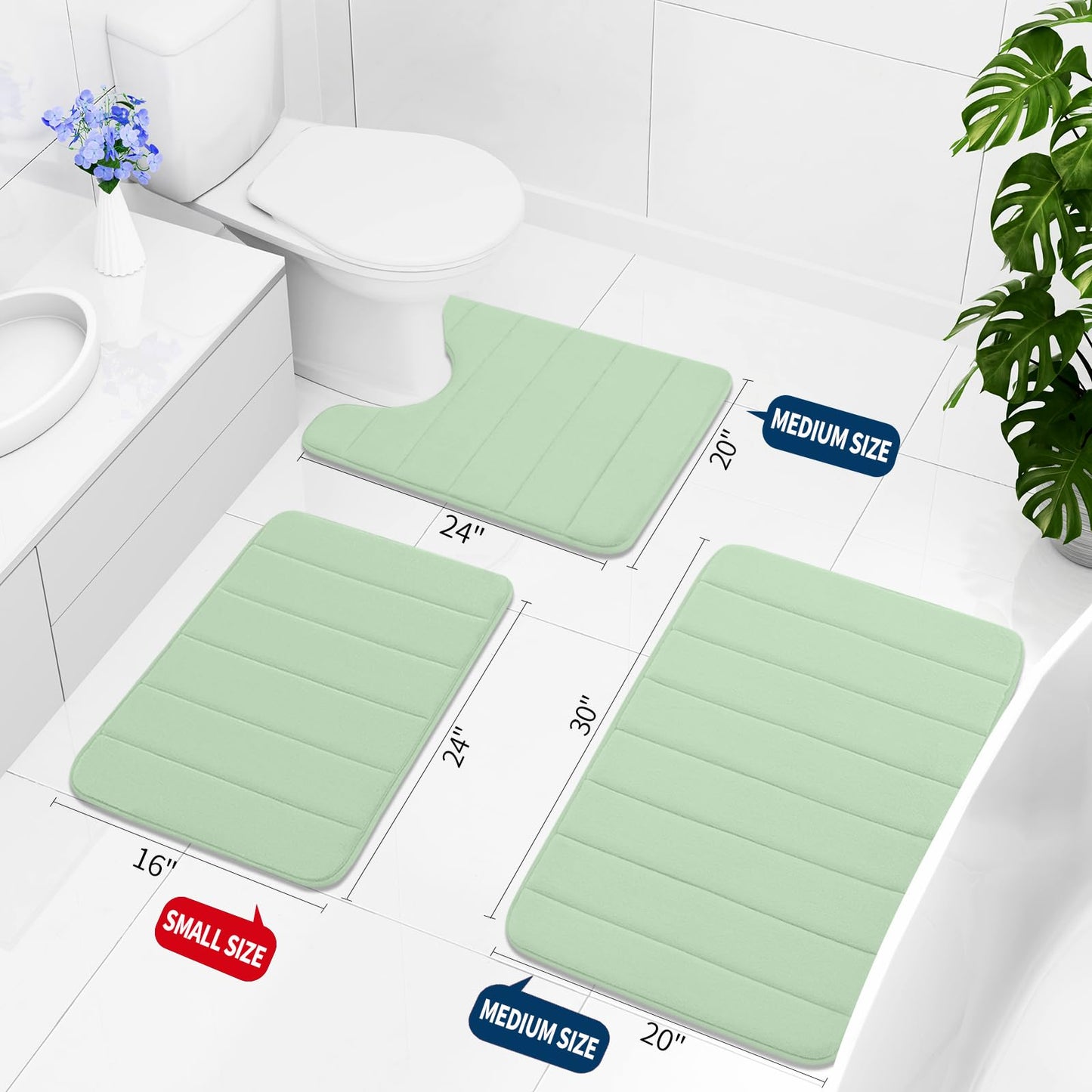 Buganda Memory Foam 3 Pieces Bathroom Rugs Set - Thick Soft Absorbent Non-Slip Bath Mats, Washable Small/Large/Contour Bath Rugs (24" x 16" + 30" x 20" + 24" x 20", Sage Green)