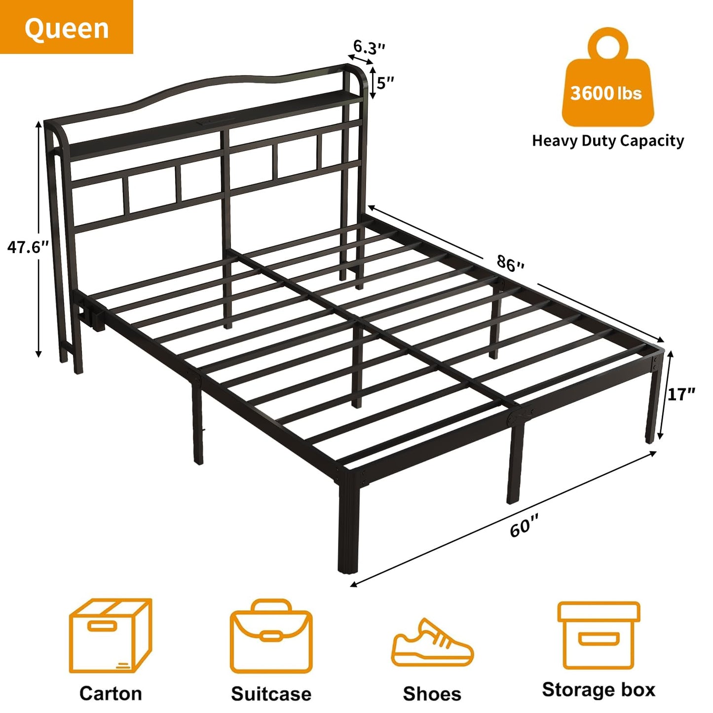 OSASET Queen Bed Frame - Queen Bed Frame with Headboard and USB & Type C Charging Station, Heavy Duty Metal Bed Frame No Box Spring Needed with Ample Storage Space - Easy Assembly and Noise Free