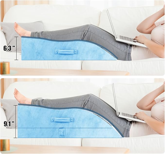 Double Leg Elevation Pillows, Wedge Pillow for After Surgery, Memory Foam Support Adjustable, Comfort Care for Back Knee Hip Ankles Pain, Knee Pillow for Sleeping Blood Circulation Light Blue & White