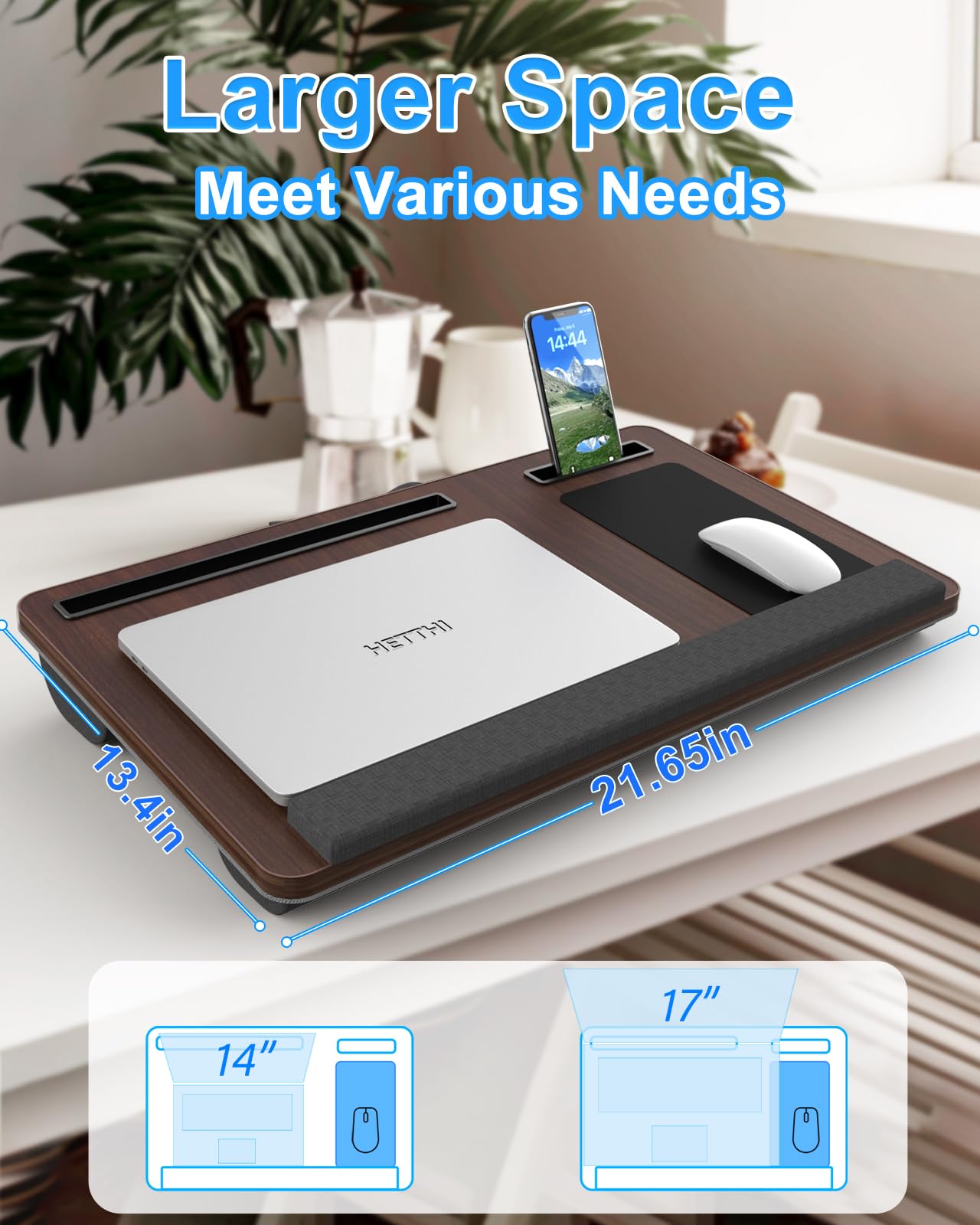 HETTHI Laptop Lap Desk, Portable Large Laptop Desk for Bed, Up to 17 in Lap Table with Wrist Rest, Mouse Pad, Tablet Phone Slot, Portable Handle, Lap Tray with Cushion (Dark Brown)