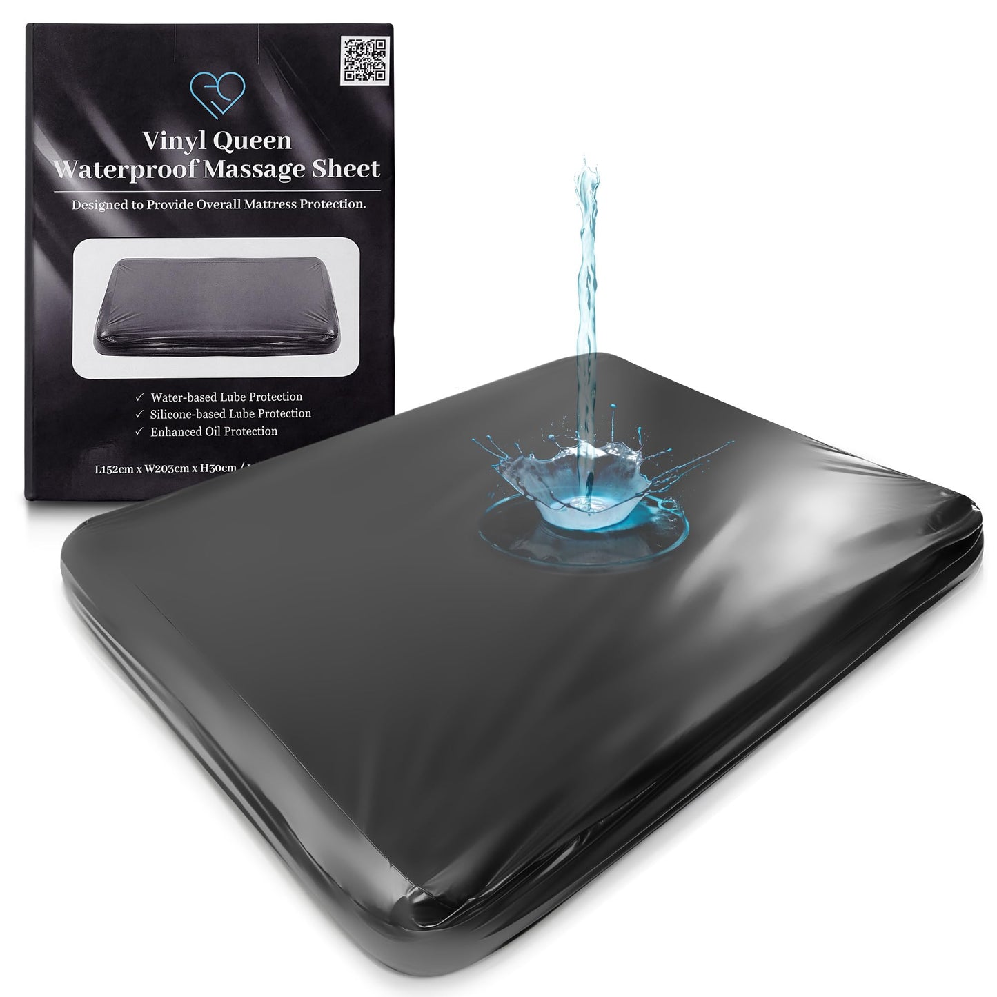 Black Vinyl Queen Waterproof Fitted Massage Bed Sheet with Side Pocket | Mattress Protector, Bed Cover for Nuru Massage - Oil, Water-Based, Silicone Safe | 60'' x 80'' + 14'' Deep Pocket