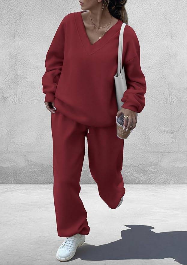 PRETTYGARDEN Casual Winter Two Piece Sets for Women 2026 V Neck Sweatshirt Loose Wide Leg Pants Tracksuit Knit Fall Outfits