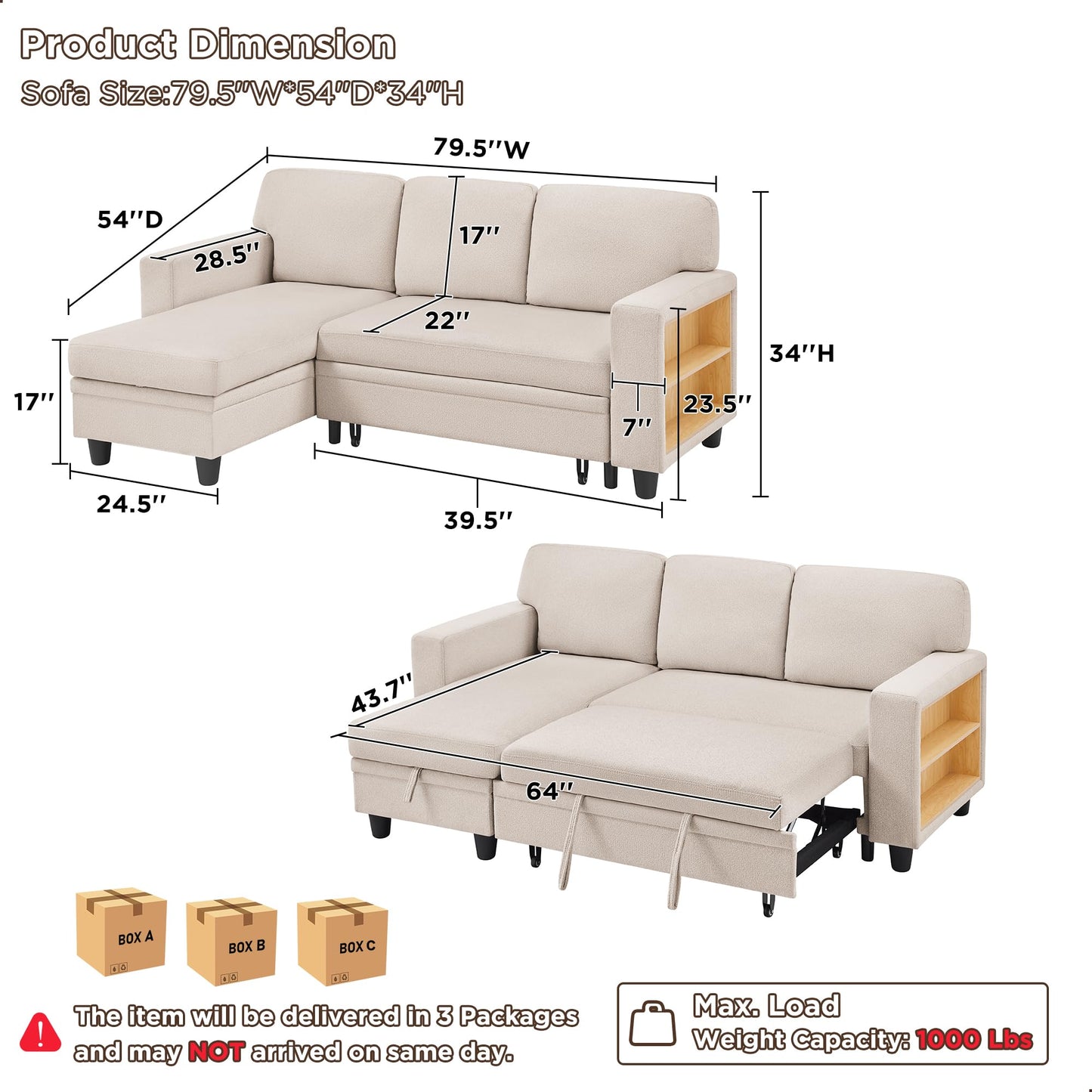 RedLemon 80” Sleeper Sofa Bed,L-Shaped Convertible Sectional Couch with Storage Chaise,2 Built-in Bookshelves and USB Charging Port - Comfy Sofa for Living Room, Apartment, Beige