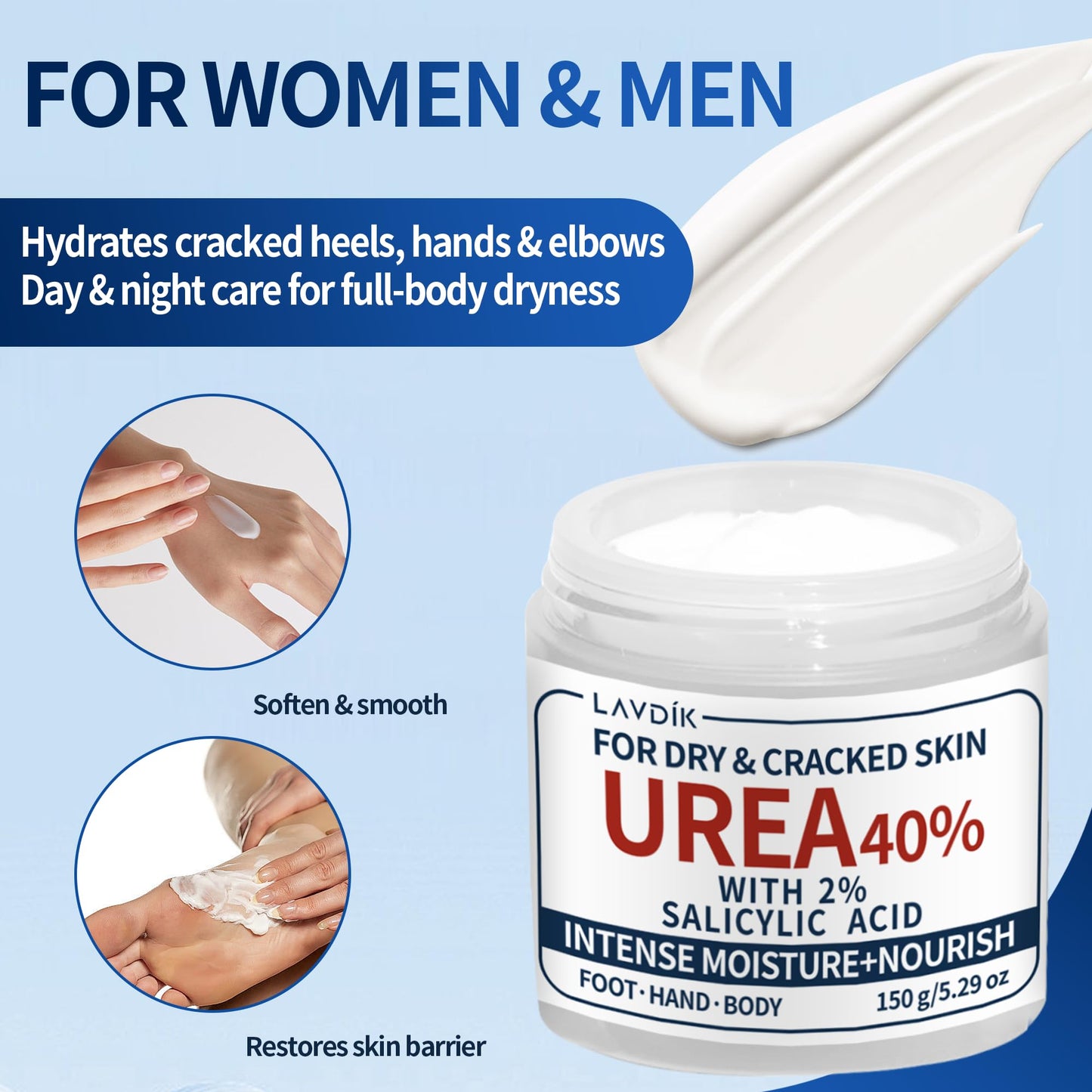 LAVDIK 40% Urea Cream with 2% Salicylic Acid, Maximum Strength Moisturizer for Dry, Cracked Skin on Feet, Hands, Heels, Elbows,