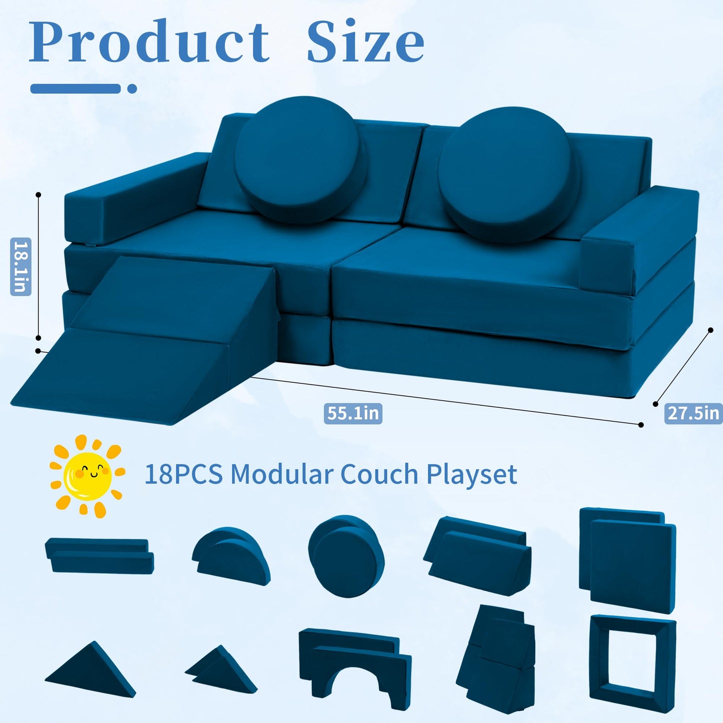 Edbuosy Toddler Couch Kids Sofa Modular - 18pcs Children Couches Building Fort, Convertible Foam Playing Cushion Creative Playroom Floor Furniture for Baby 1-3 to Teen Sofa and Play Set