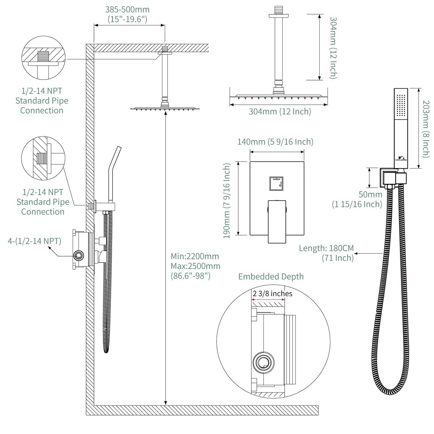 SunCleanse Rainfall Shower System Matte Black Ceiling Mounted Shower System Combo Set with High Pressure 12 Inches Square Rain Shower Head Handheld and Shower Faucet Rough-in Mixer Valve and Trim