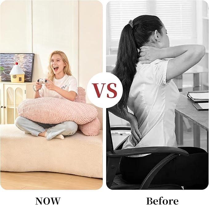 PAJEO Back Pillow for Bed Sitting Up,U Shaped & Back Support Pillow for Bed,19" Backrest with Lumbar & Arm Support,Comfy Corduroy Fabric,Lap Pillow for Gaming/Reading/Watching TV,Pink