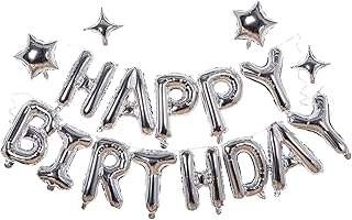 Silver Happy Birthday Banner Balloon Aluminum Foil 16 Inch Letter,10 Inch Five Pointed Star Four Pointed Star Suitable for...