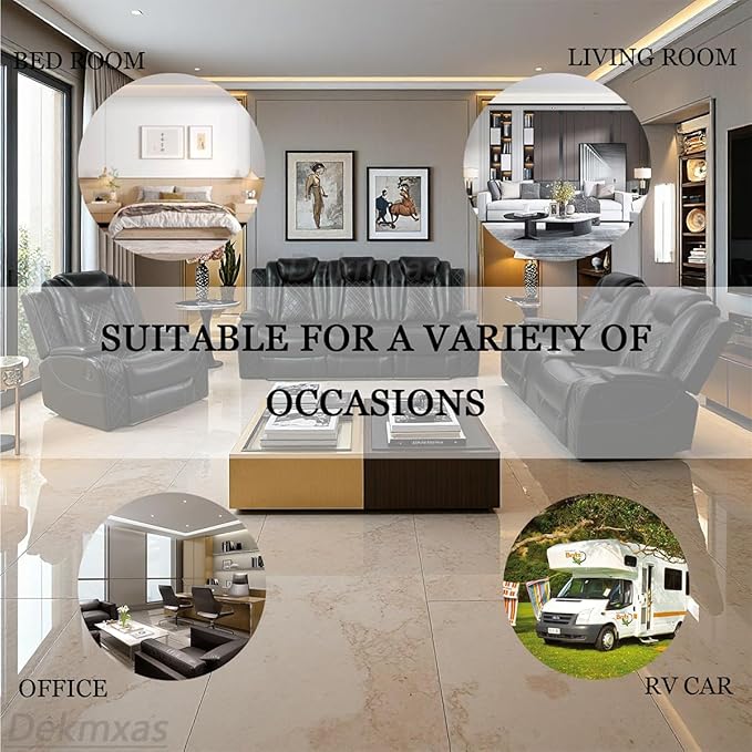 Dekmxas Living Room Furniture Sets, Black Air Leather Power Recliner Sofa Set with USB Port, Breathing Leather Power Reclining Sofa Set with Storage Console/LED Light for Living Room, Home Theater