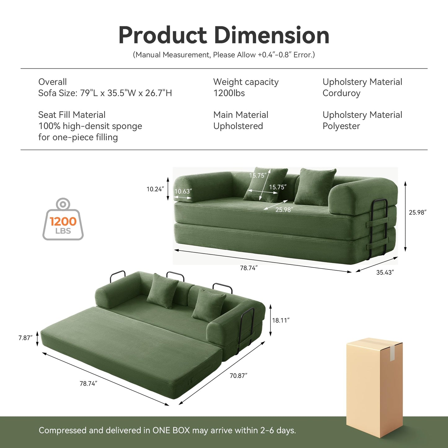 QQR Convertible Floor Sofa Bed with Fixed-Shape Frame, King Size Floor Sleeper 5-in-1 DIY Combination Modular Sofa, Modular Chenille Folding Mattress Couch for Living Room Bedroom Playroom (Green)