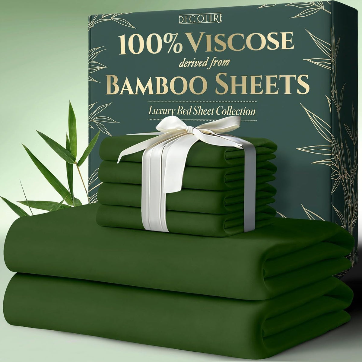 DECOLURE 100% Viscose Derived from Bamboo Sheets King Size 6pcs - Ultra Soft & Luxuriously Cooling, 17" Deep Pocket, Double Stitching, Perfect for Hot Sleepers - King Bed Sheets (Olive)