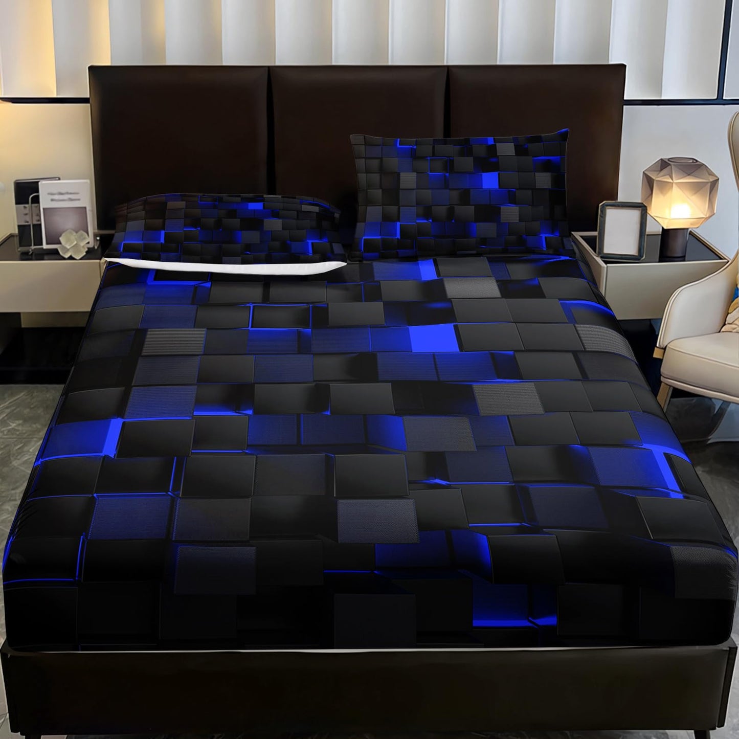 Soft Bedding Fitted Sheet Full Size,Geometric Blue Black Microfiber Fitted Sheet with 16" Deep Pockets Fitted Sheet Room Decor,Bed Sheets & 2 Pillowcases for Kids Boys and Girls