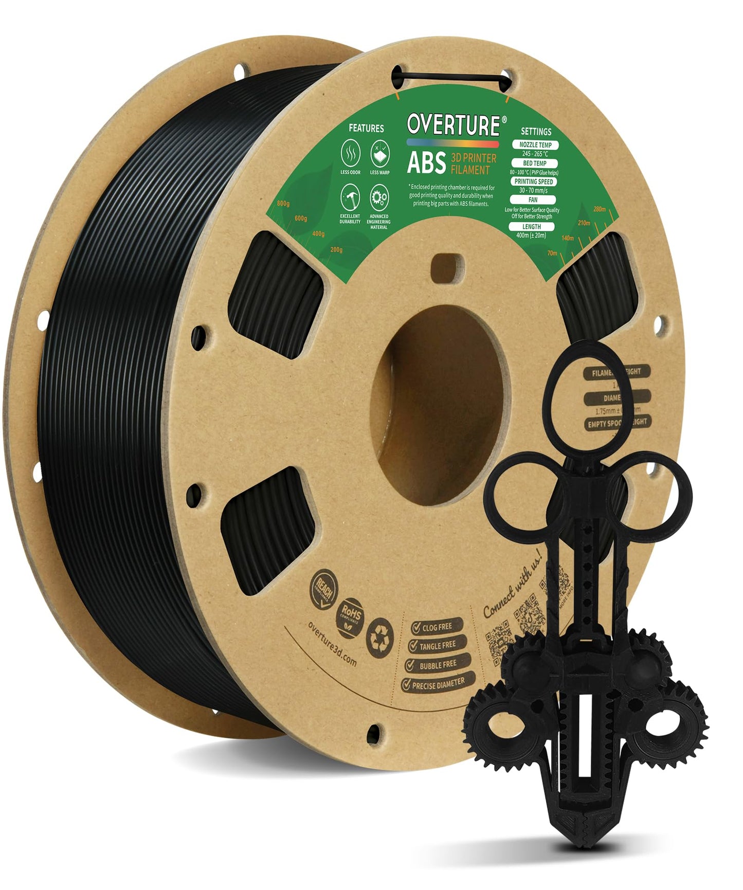 OVERTURE ABS Filament 1.75mm, High Strength & Heat-Resistant 3D Printer Filament, Low Warping, Excellent Durability, ABS 1kg (2.
