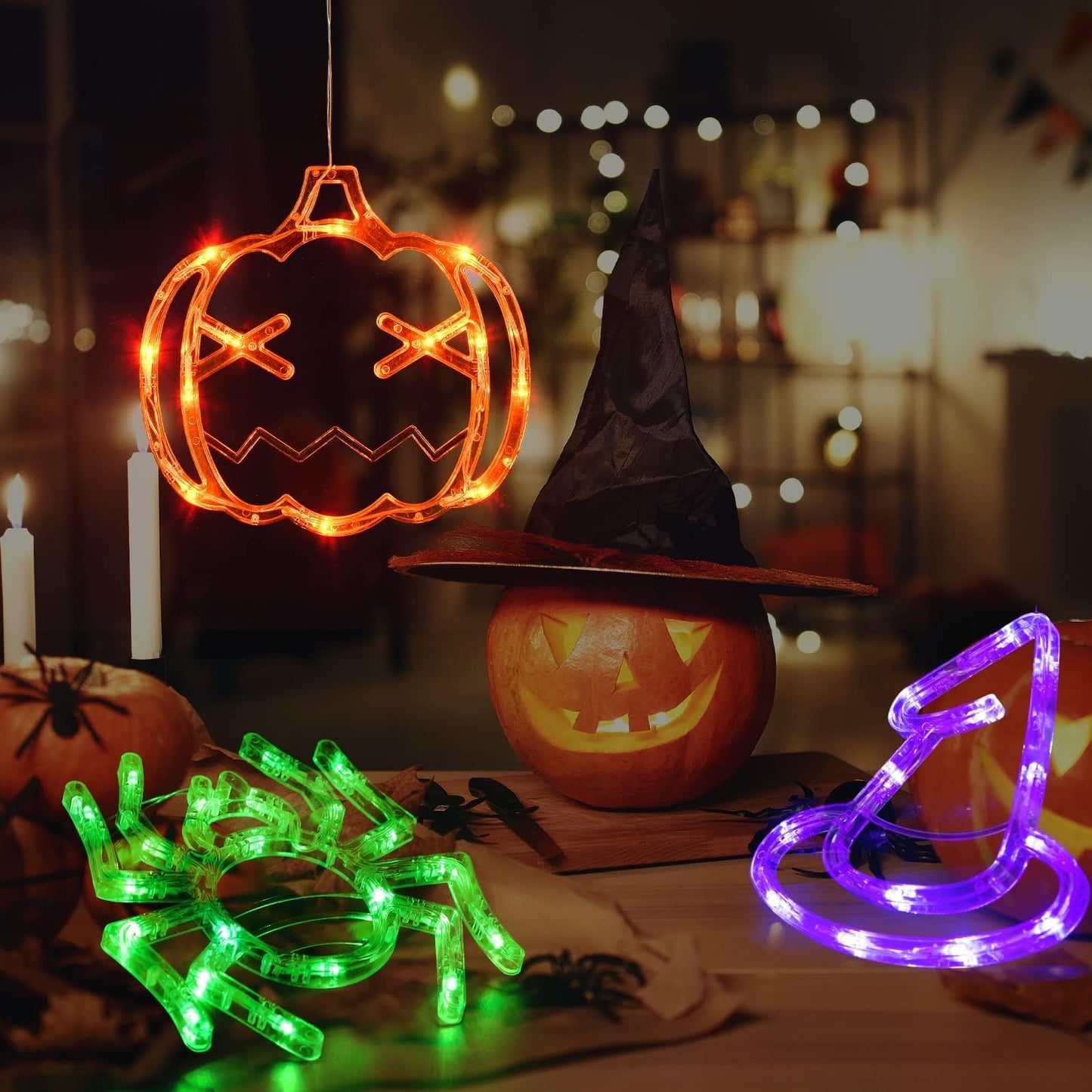 LOLStar Halloween Decorations 3 Pack Orange Pumpkin Green Spider Purple Witch Hat Window Lights with Suction Cup Battery Operated Slow Fade Timer Function Halloween Lights for Window Decor