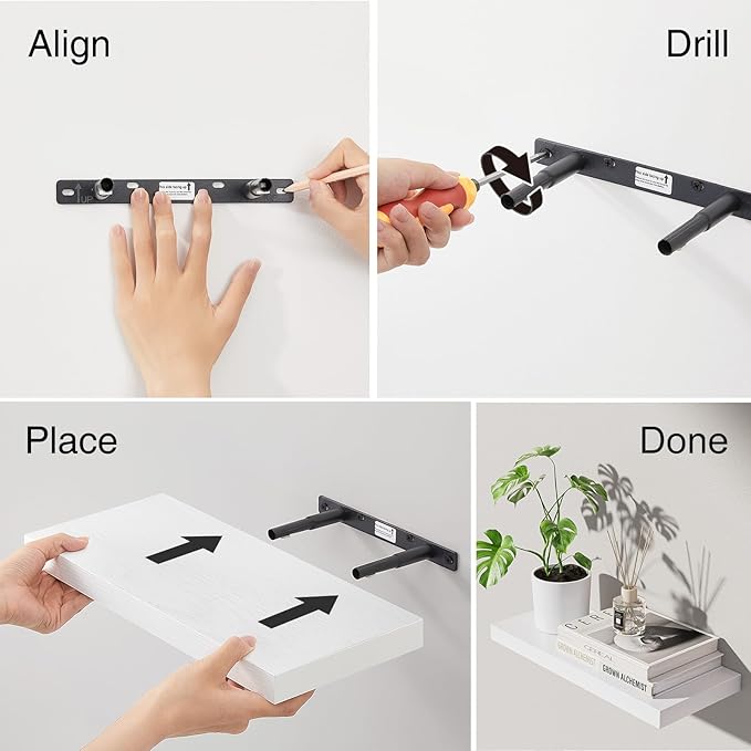 BAYKA White Floating Shelves for Wall โ Rustic Wood Wall Shelves with Metal Brackets for Bathroom, Bedroom, Kitchen, or Living Room Decor Organization โ Set of 3, Sturdy Storage with 22lb Capacity