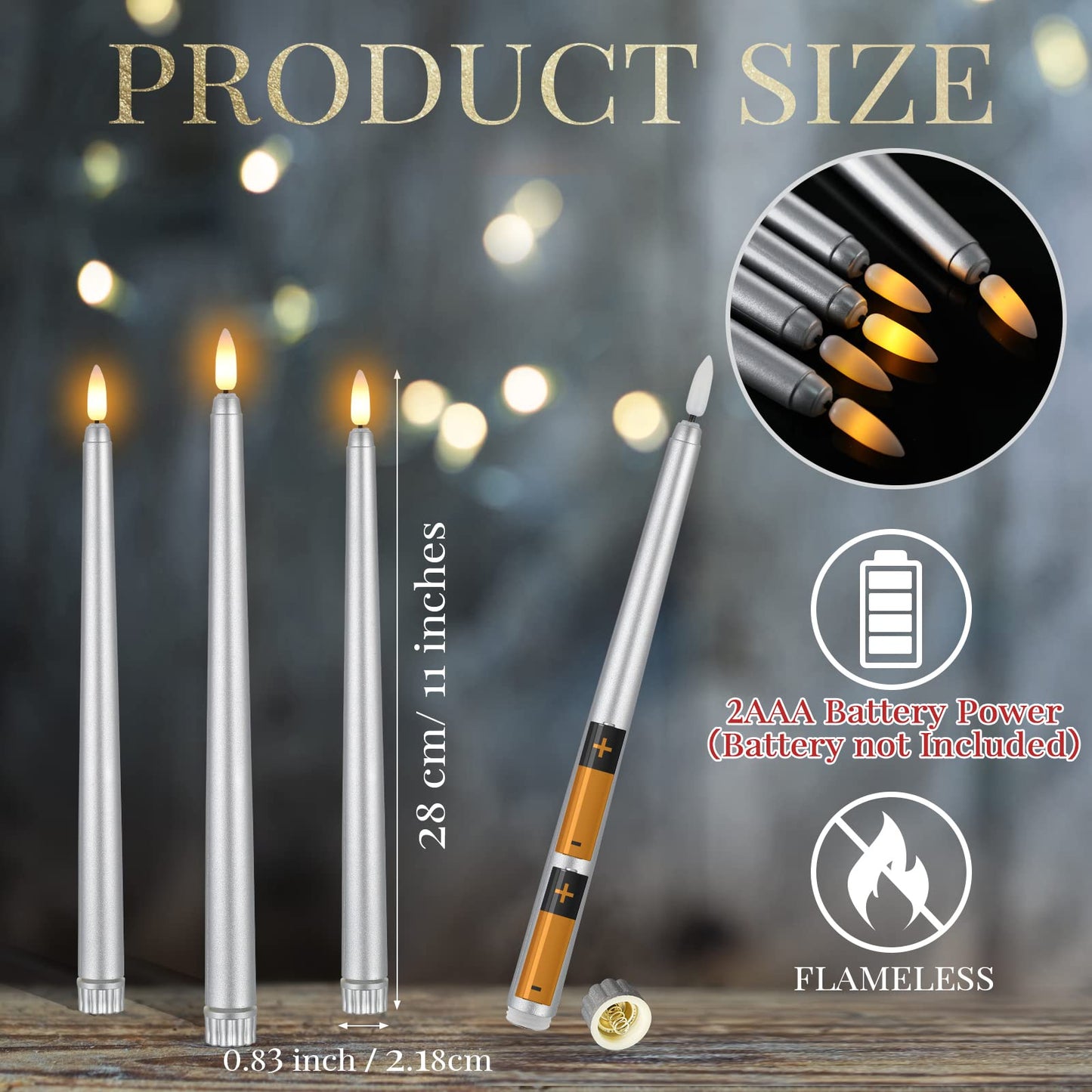 Macarrie 24 Packs Flameless Taper Candles Battery Operated Fake 11 Inch Long Candlelight LED Flameless Candlesticks Flickering Tapered for Christmas Church Prayer New Year Wedding(Silver)