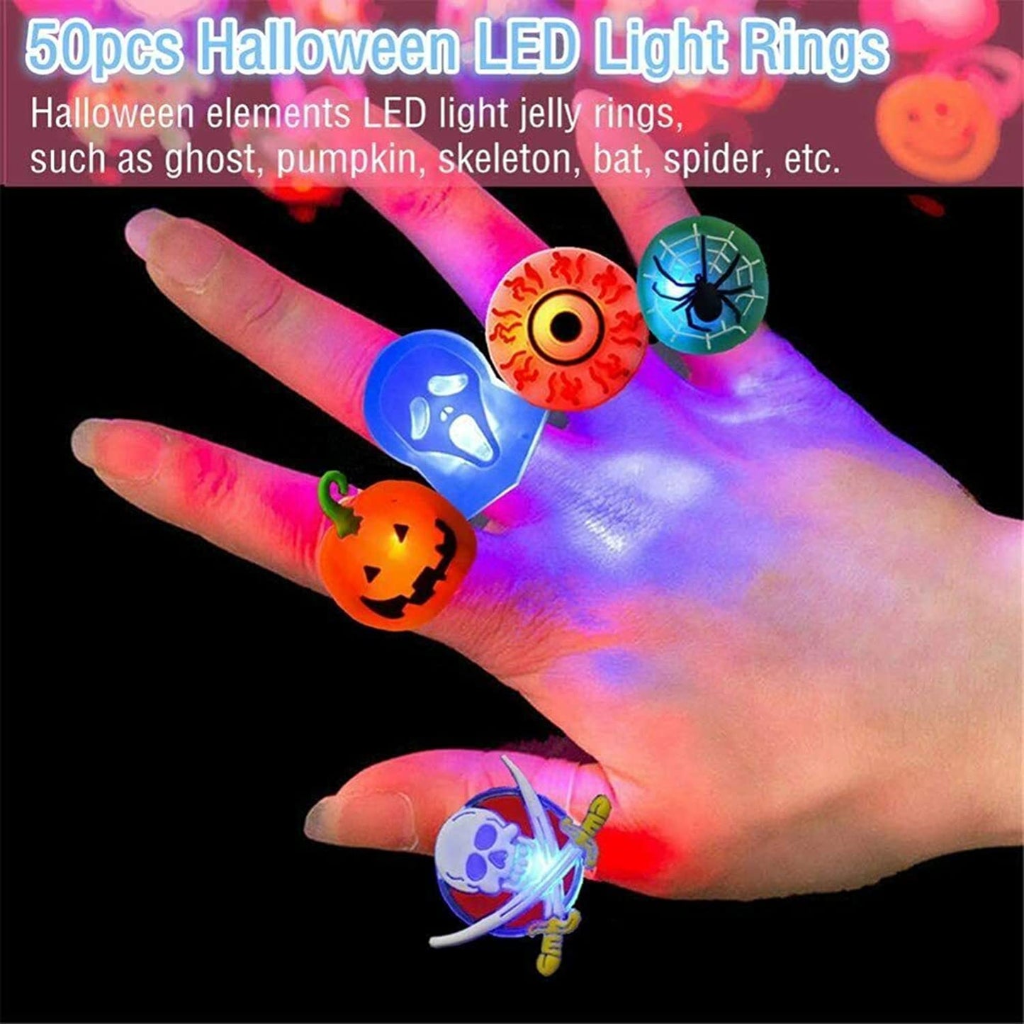 Halloween Light Up Rings 50Pcs Halloween Party Favors Light Up Toys luminous Flash Finger LED Ring Blinking Jelly Rubber Ring for Kids Adults